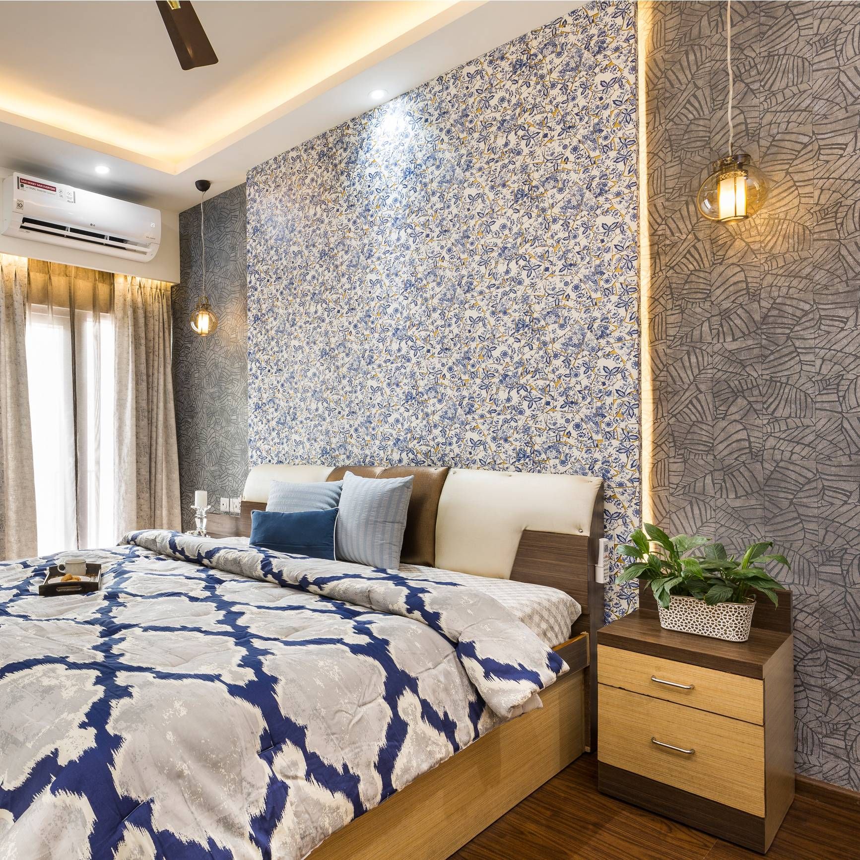Contemporary Blue And Grey Bedroom Wallpaper Design