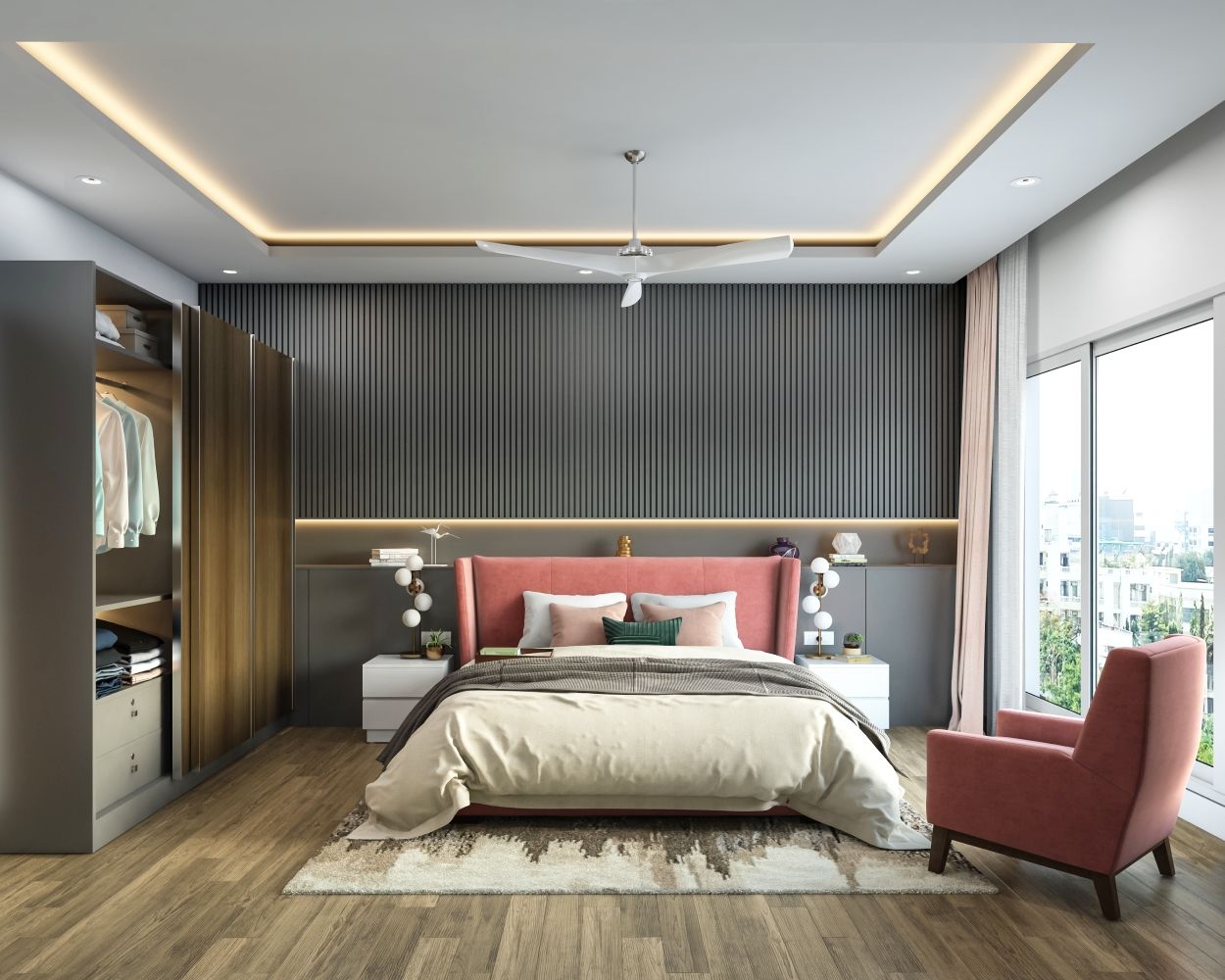 Contemporary Grey And Pink Master Bedroom Design With Grey Fluted Wall Panelling