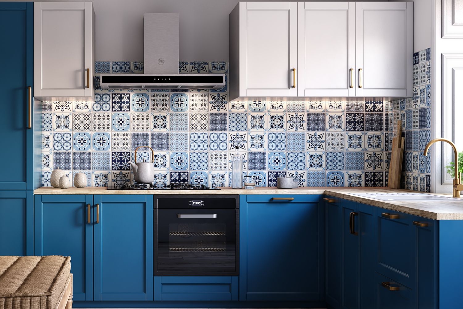 Contemporary Blue And White Moroccan Kitchen Tile Design With Suede Finish
