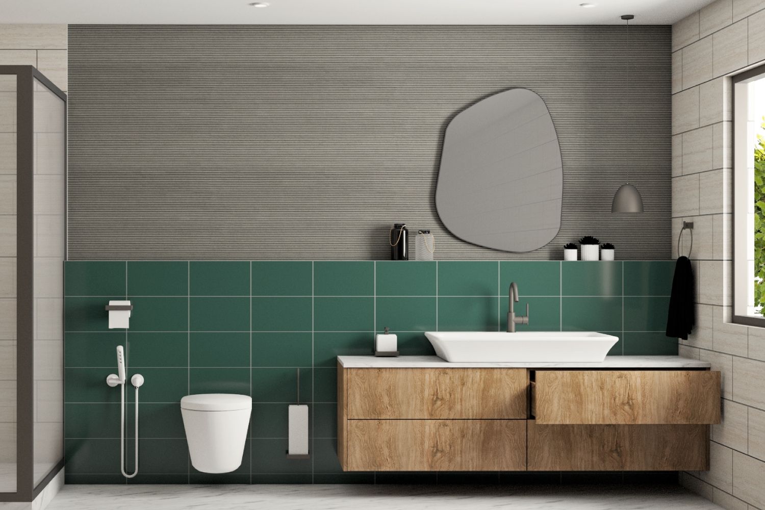 Contemporary Grid-Patterned Dark Green Ceramic Bathroom Tile Design