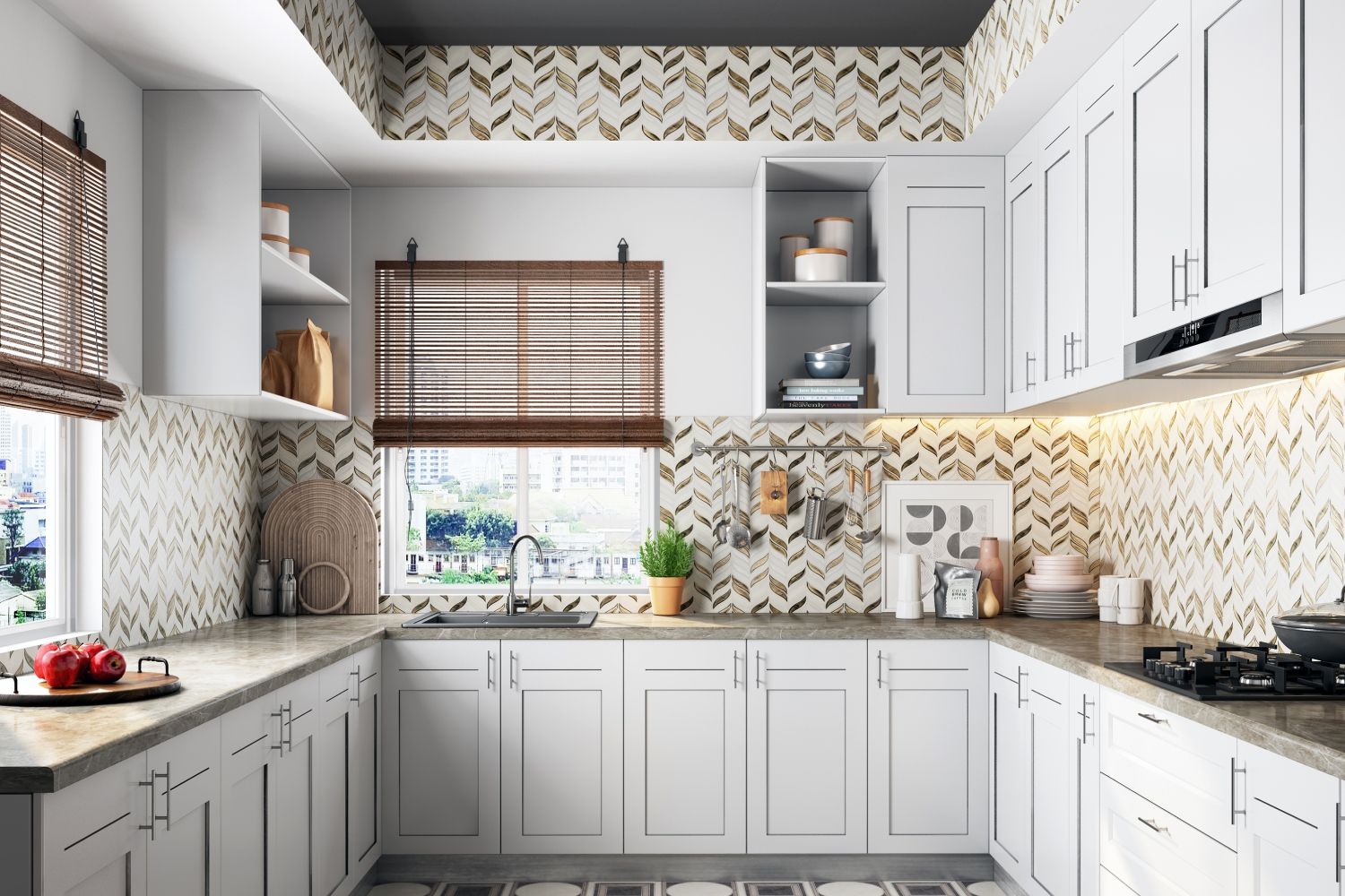 Modern Eclectic Brown And White Leaf-Pattern Kitchen Wall Tile
