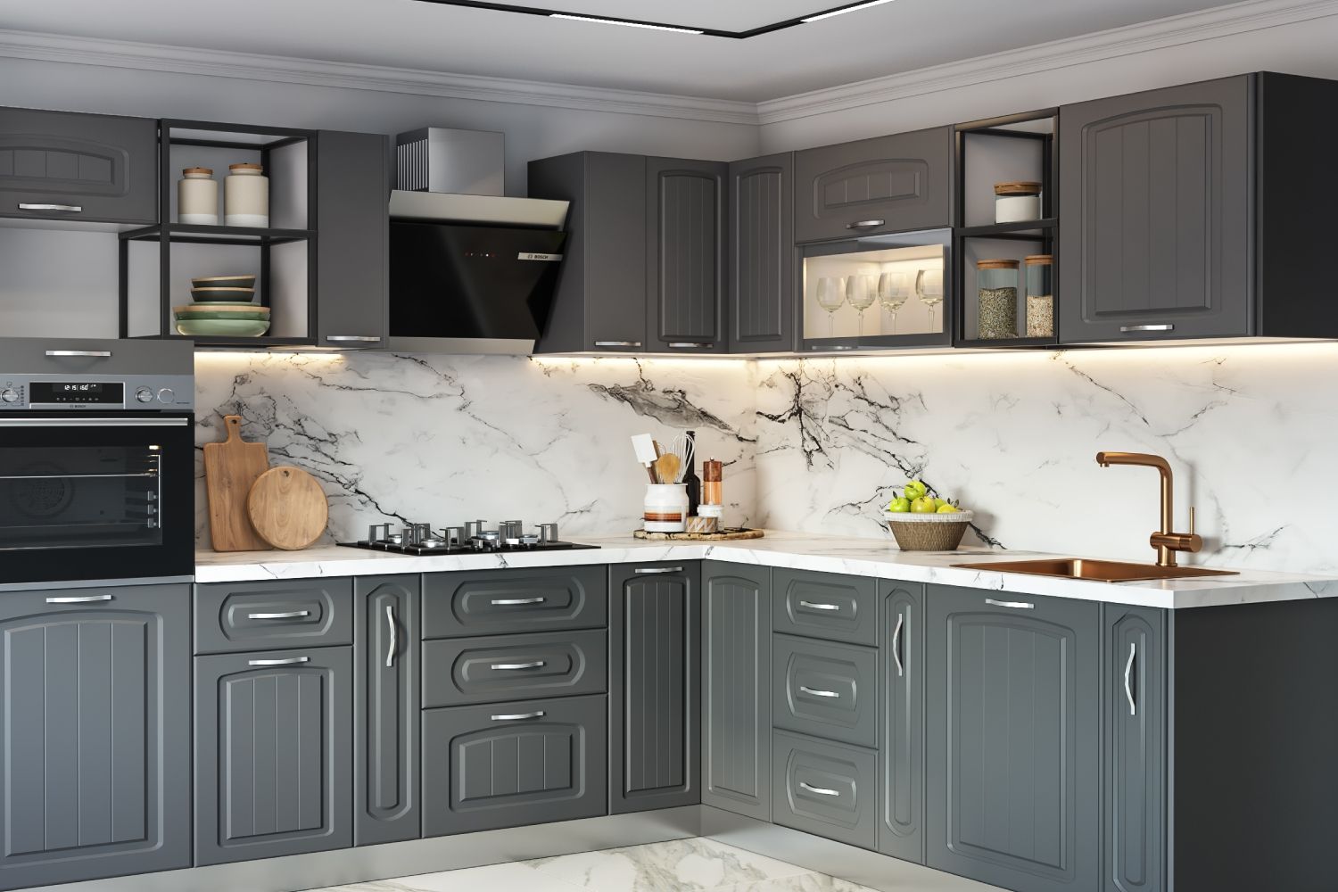 Classic White And Grey Marble Kitchen Tile Design