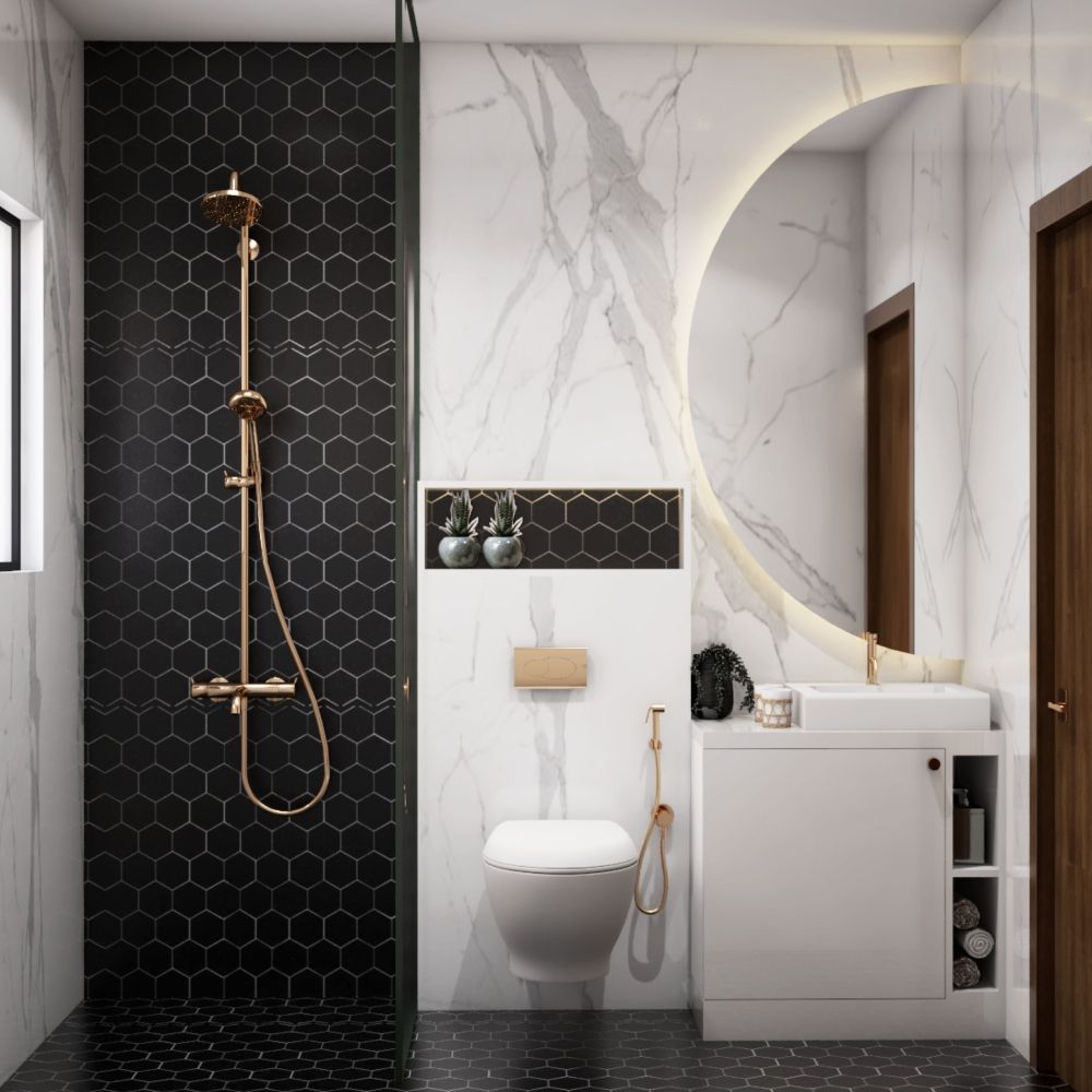 Contemporary Black And White Bathroom Tile Design With Hexagonal And Marble Wet-Dry Areas