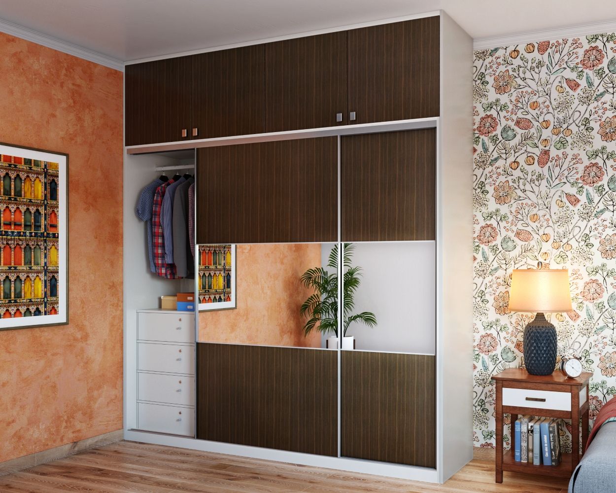 Modern 2-Door Brown And White Sliding Door Wardrobe Design With Mirror