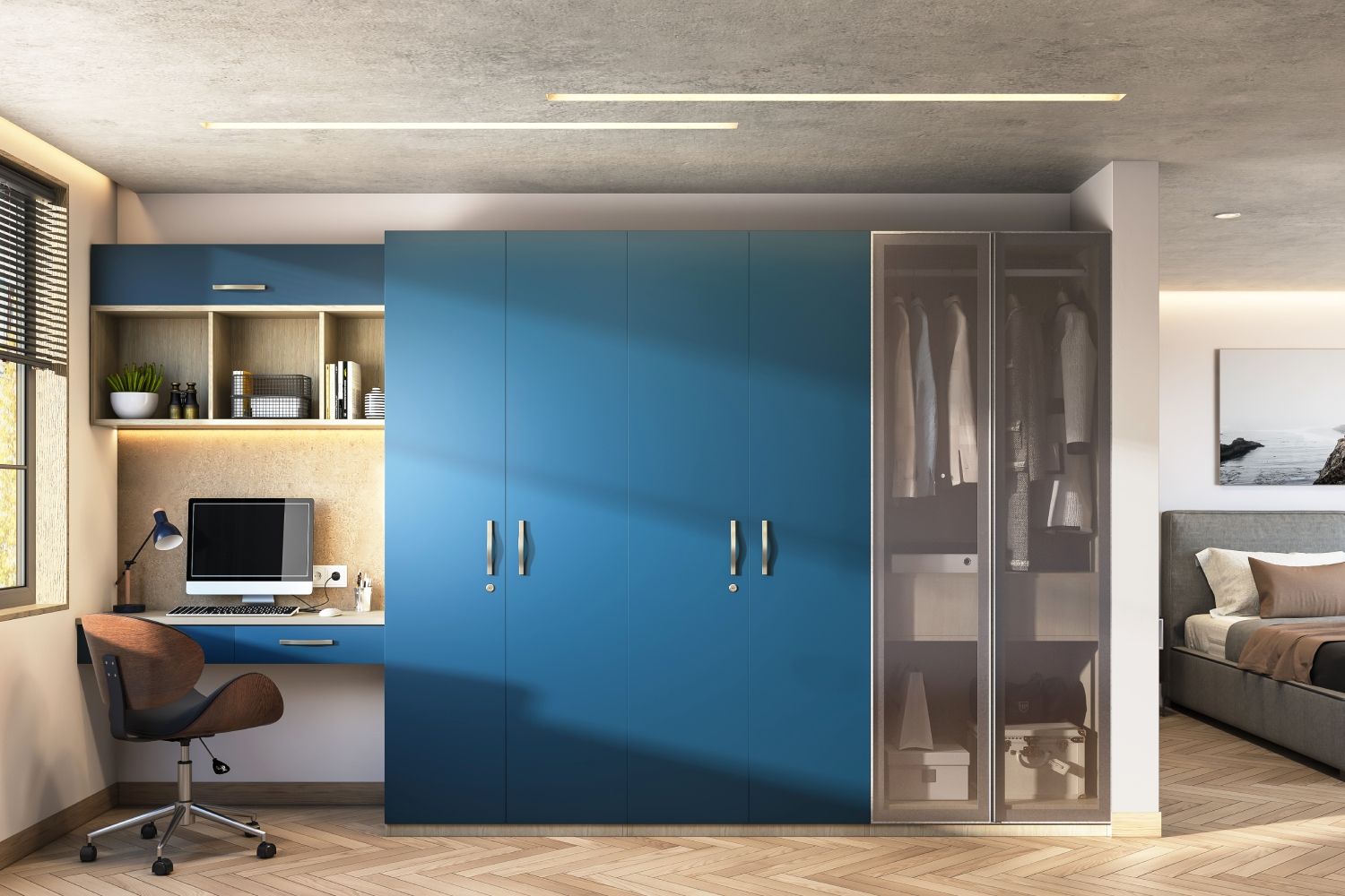Modern Blue 6-Door Swing Wardrobe Design With Glass Shutters