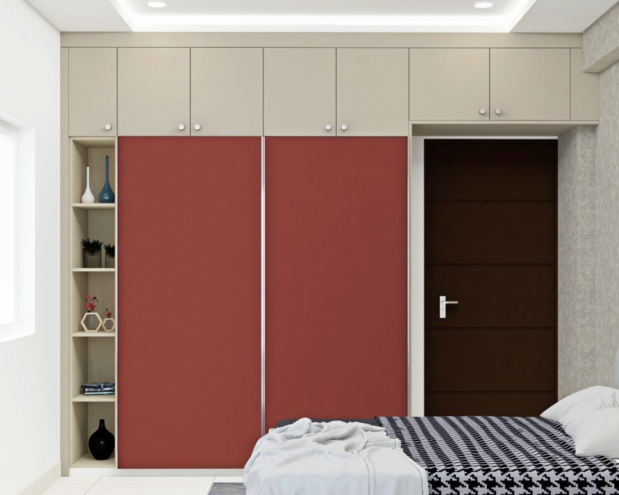 Modern 2-Door Cardinal Red And Pumic Grey Sliding Wardrobe Design With Open Shelves And Loft Storage