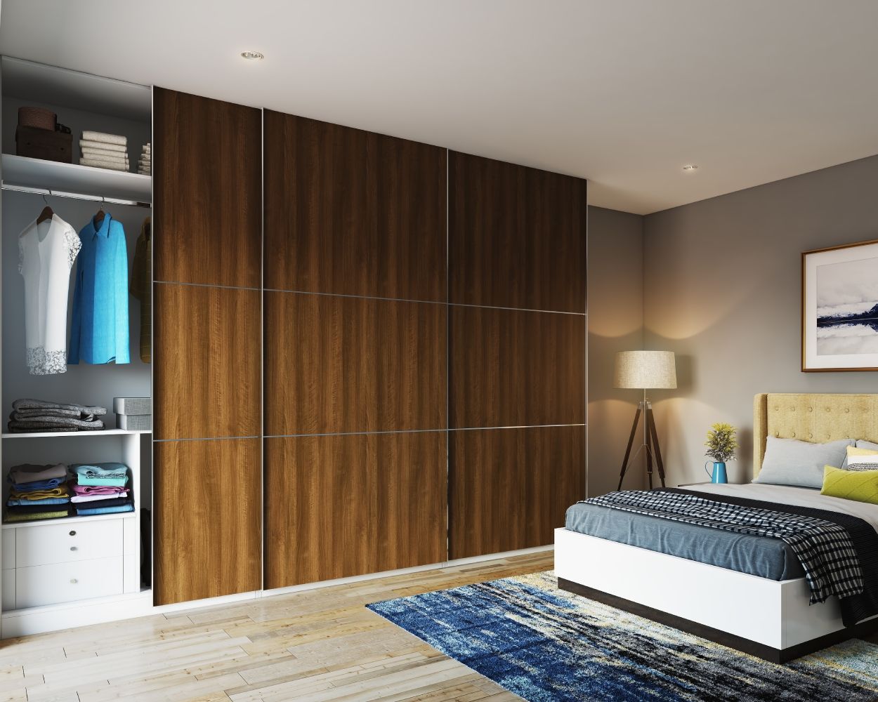 Contemporary Sliding Door Wardrobe Design With Dark Wood Wardrobe Shutters