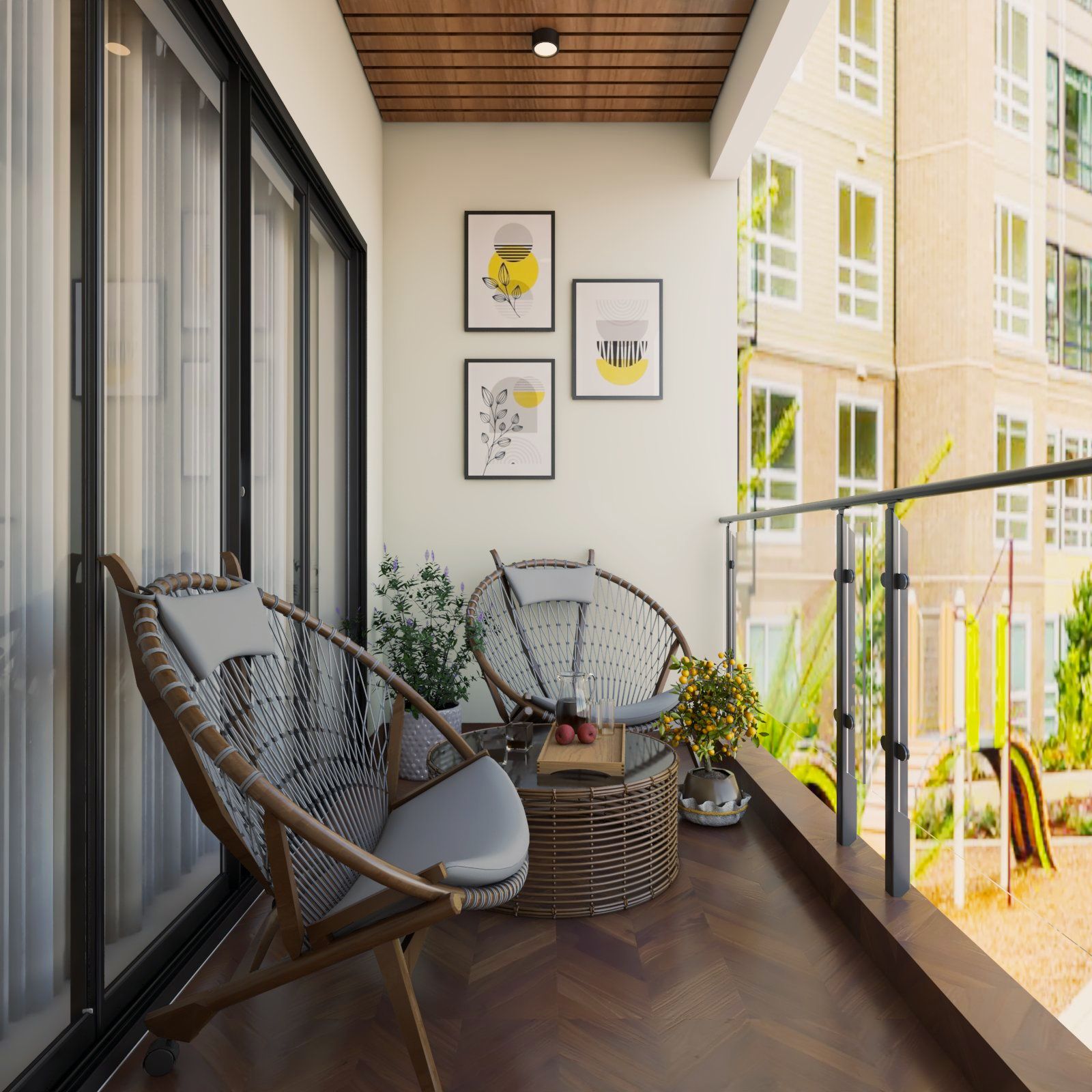Tropical Balcony Design With Grey And Wood Cane Furniture