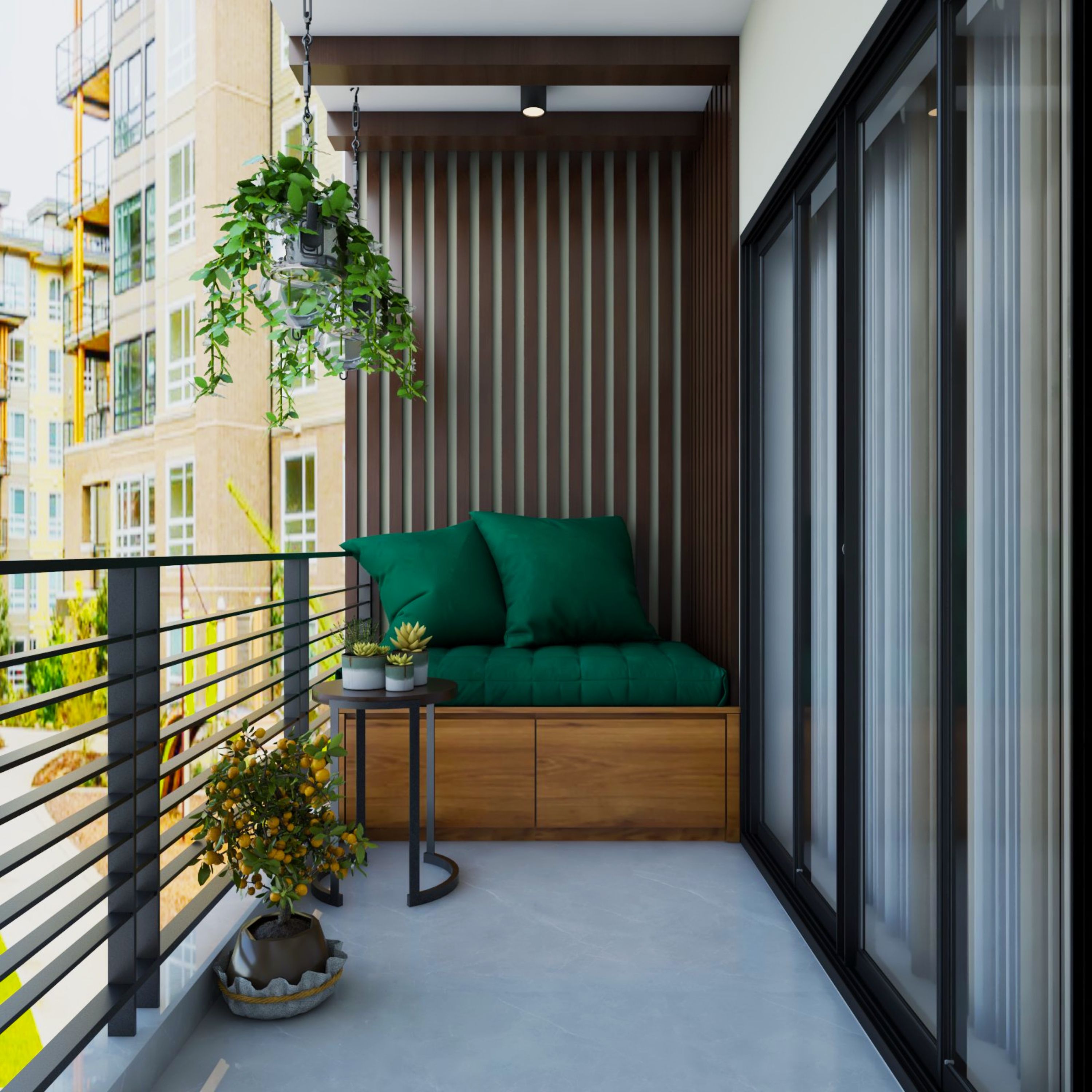 Modern Balcony Design With Green And Wood Seater