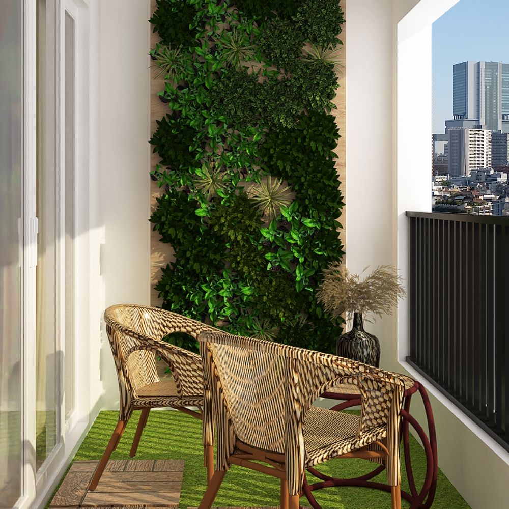 Tropical Balcony Design With Vertical Garden And Cane Furniture