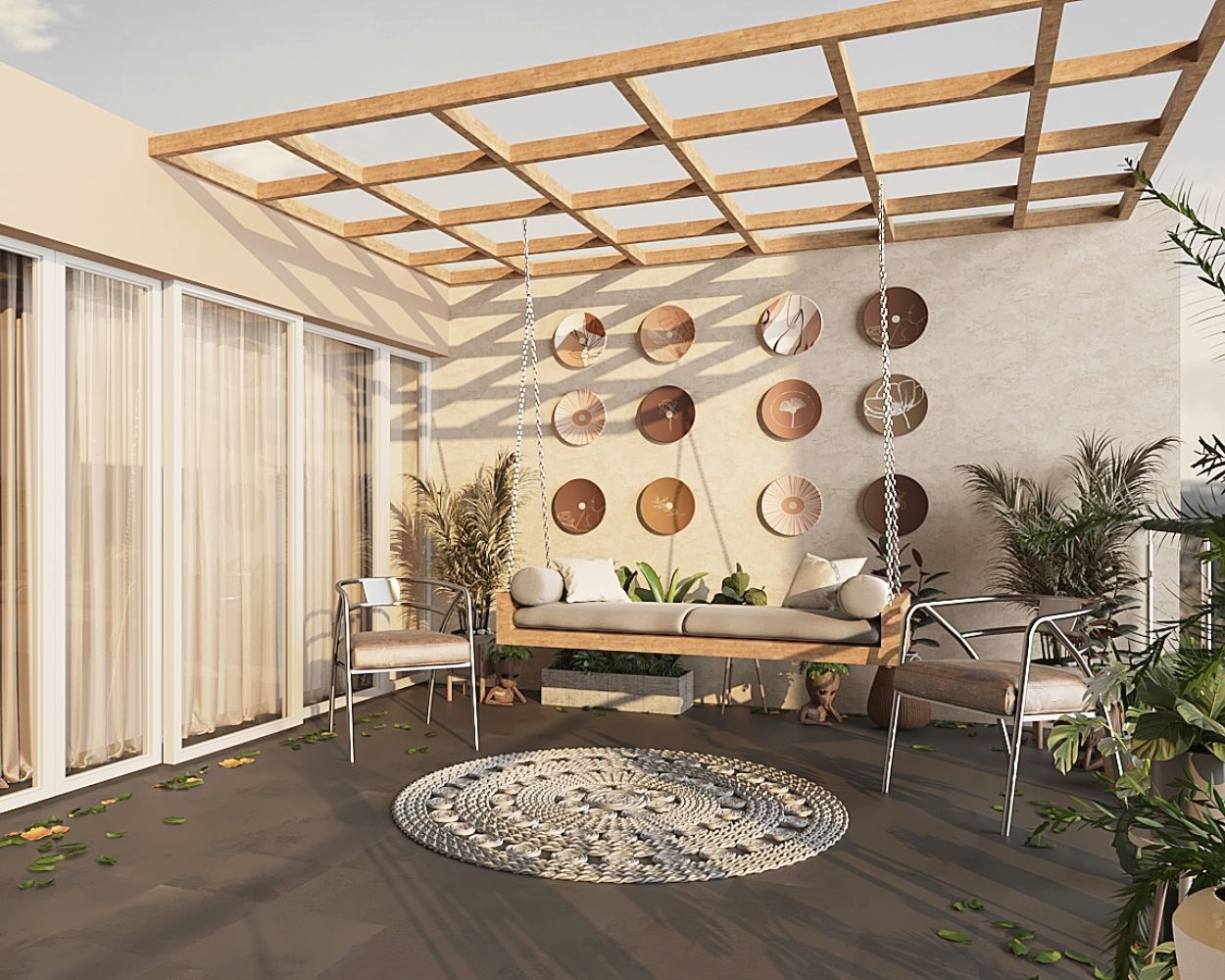 Tropical Balcony Design With Wooden Pergola