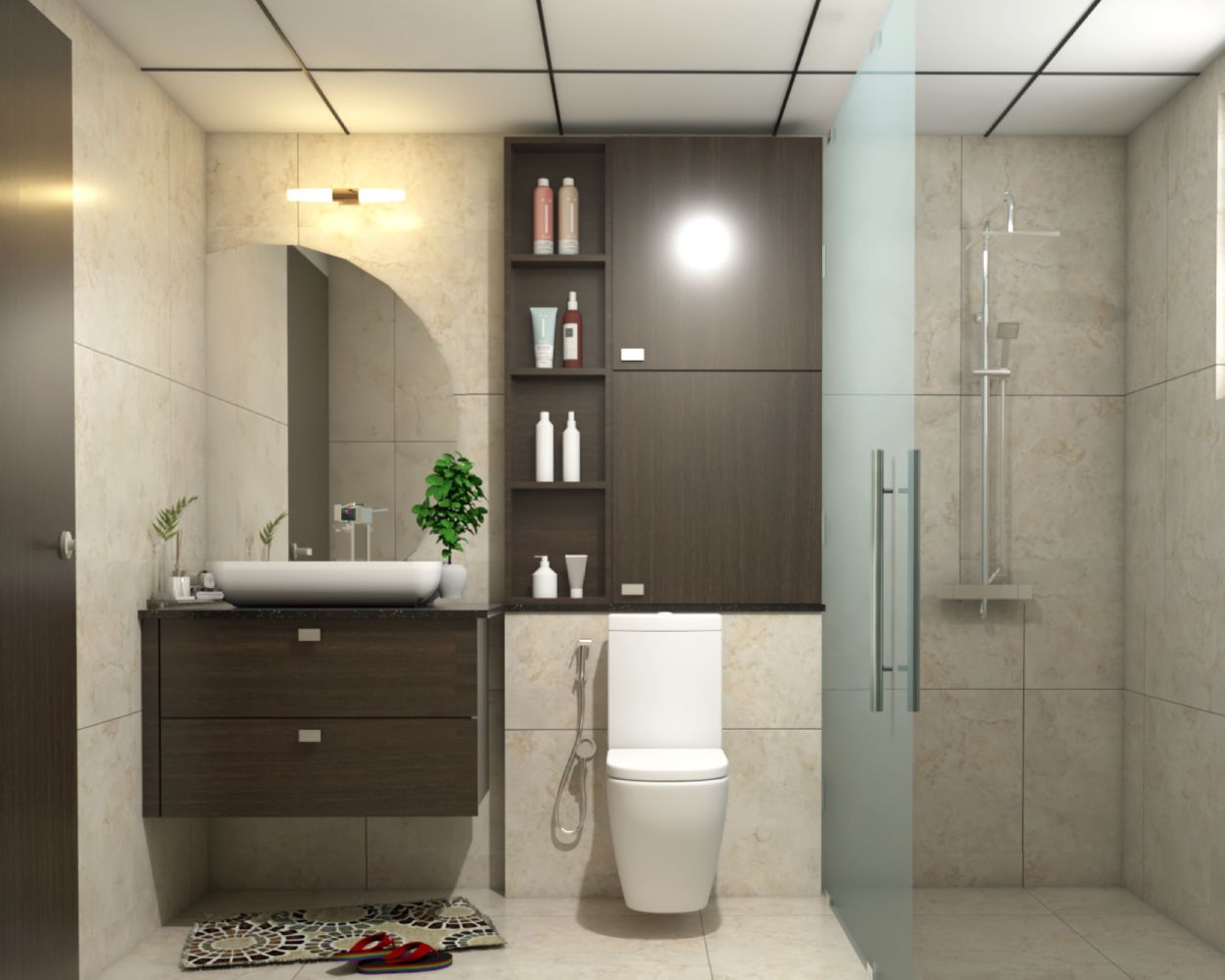 Contemporary Bathroom Design With Beige Wall Tiles And Dark Wood Bathroom Cabinet