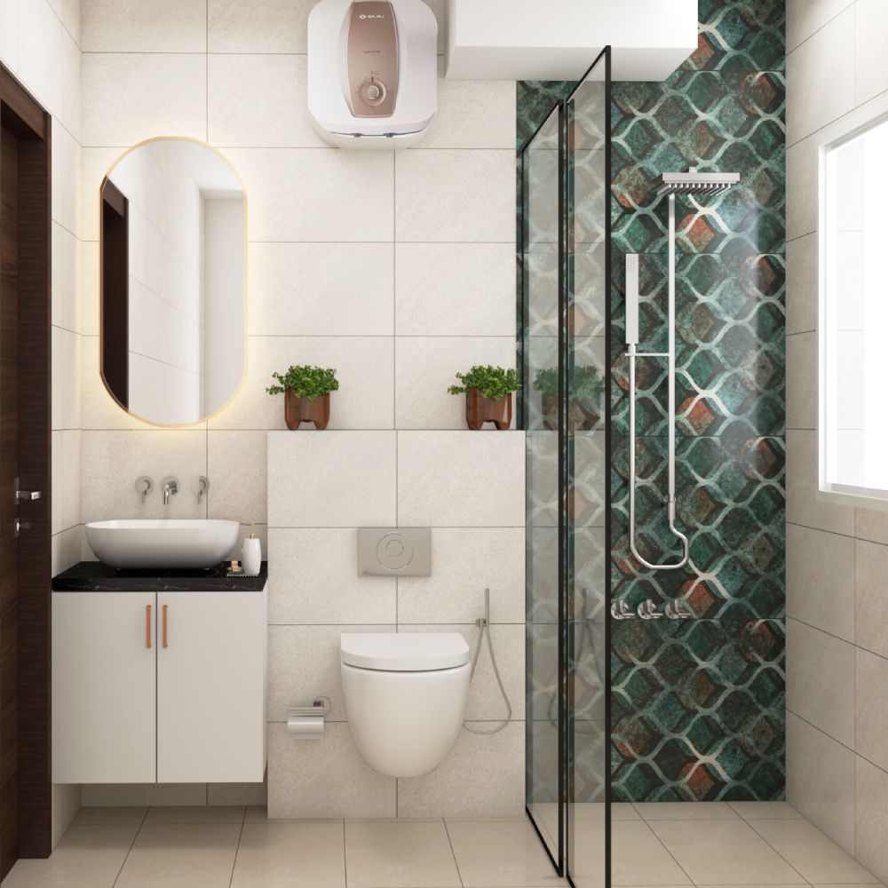 Contemporary Small Bathroom Ideas With Green Patterned Wall Tiles And White Vanity Unit