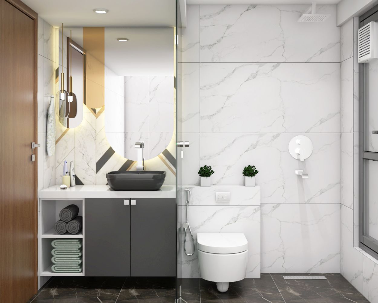 Modern White And Grey Bathroom Design With Grey 2-Door Bathroom Cabinet