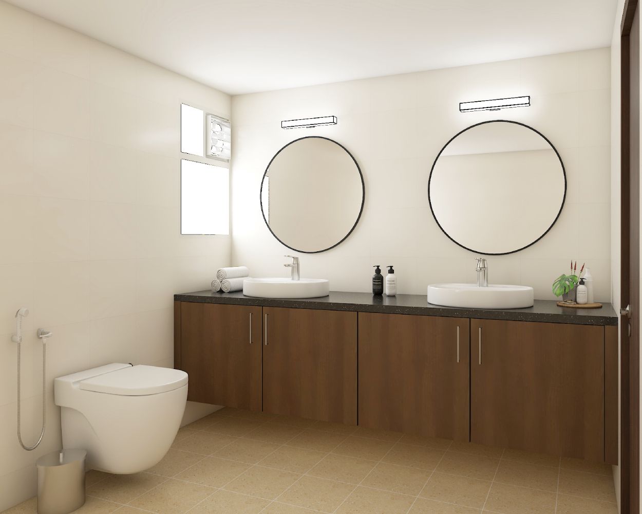 Minimal White Bathroom Design With 4-Door Wooden Bathroom Cabinet
