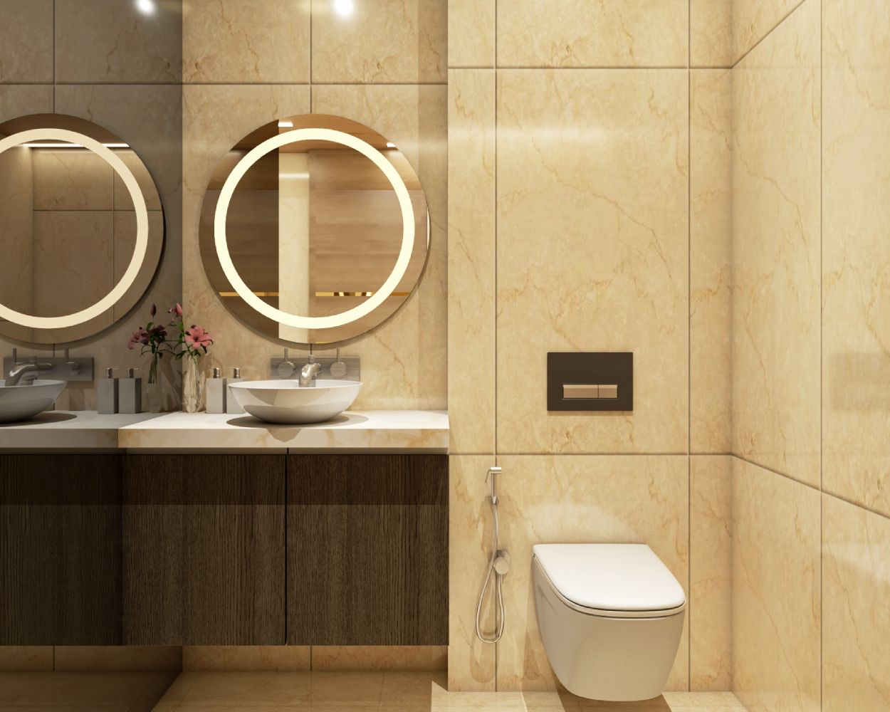 Contemporary Beige Bathroom Design With White Bathroom Counterop And Wooden Vanity Unit