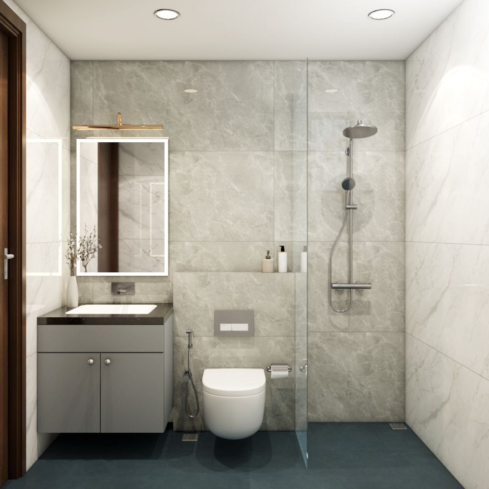 Modern Grey And White Bathroom Design With Dark Grey Bathroom Cabinet