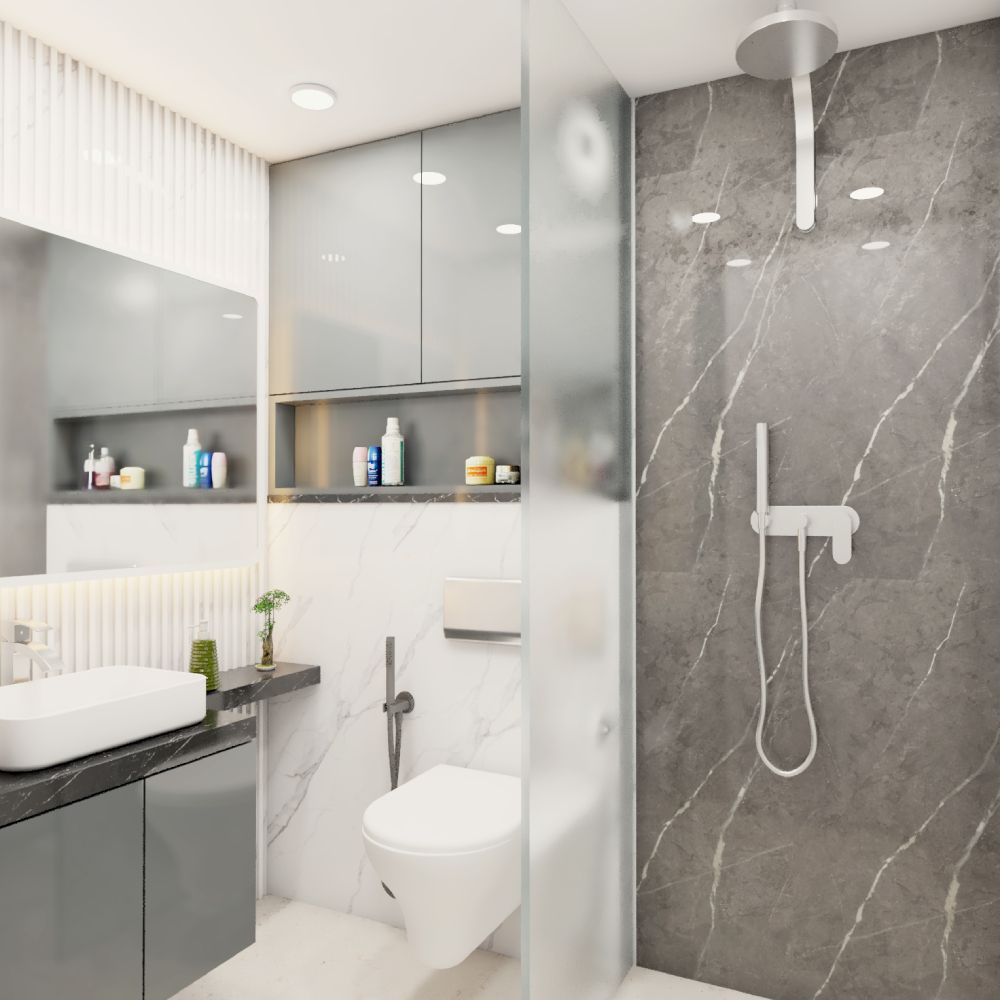 Modern Bathroom Design With Dark Grey Vanity Unit And Black Countertop