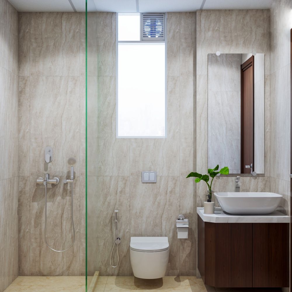 Modern Beige Bathroom Design With Dark Wood Vanity Unit