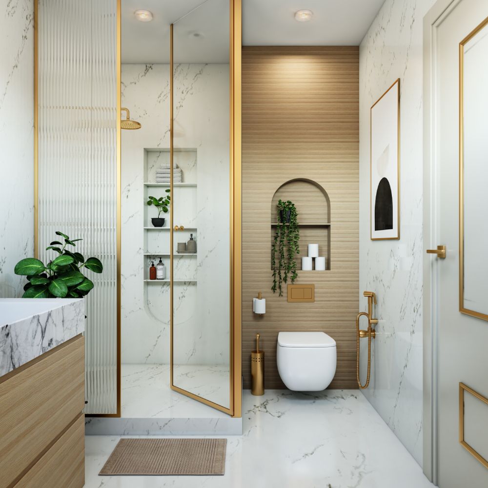 Art Deco White Marble Bathroom Design With Wooden Vanity Unit