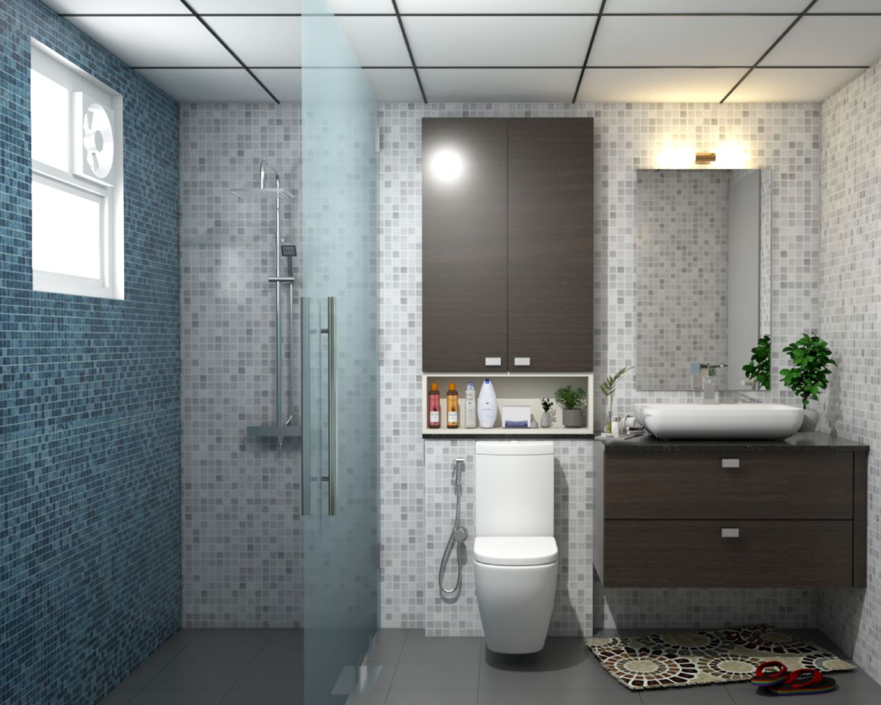 Modern Multi Coloured Mosaic Bathroom With Wooden Bathroom Cabinet Design