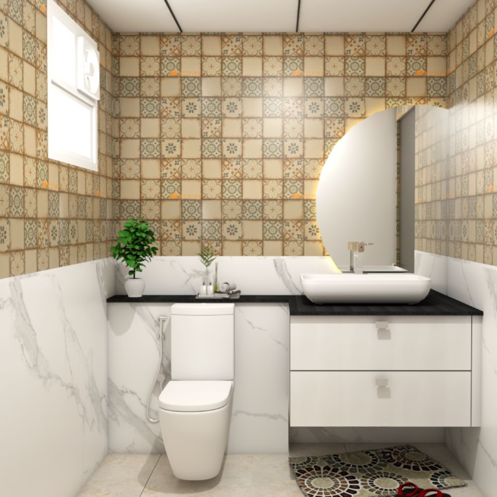 Modern Eclectic Small Bathroom Ideas With Multicoloured Wall Tiles And White Bathroom Cabinet