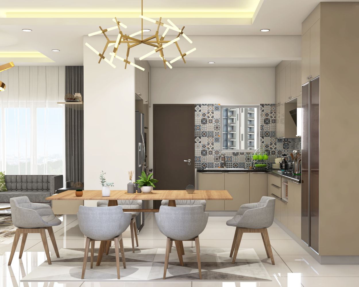 Contemporary 6-Seater Grey And Wood Open Dining Room Design