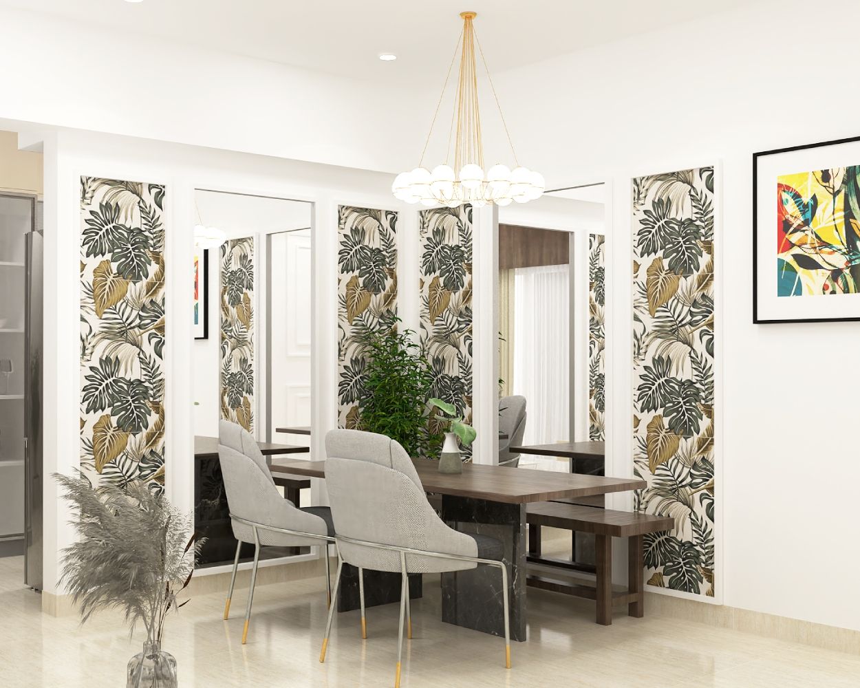 Contemporary 2-Seater Grey And Wood Dining Room Design With Wall Mirrors And Leafy Wallpaper