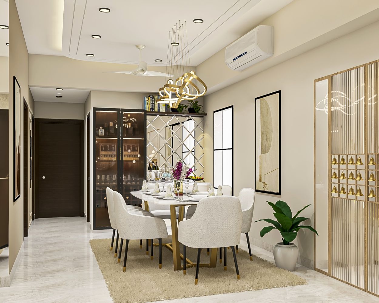 Contemporary White 6-Seater Dining Room Design With Black Frosted Crockery Unit And Bevelled Mirror