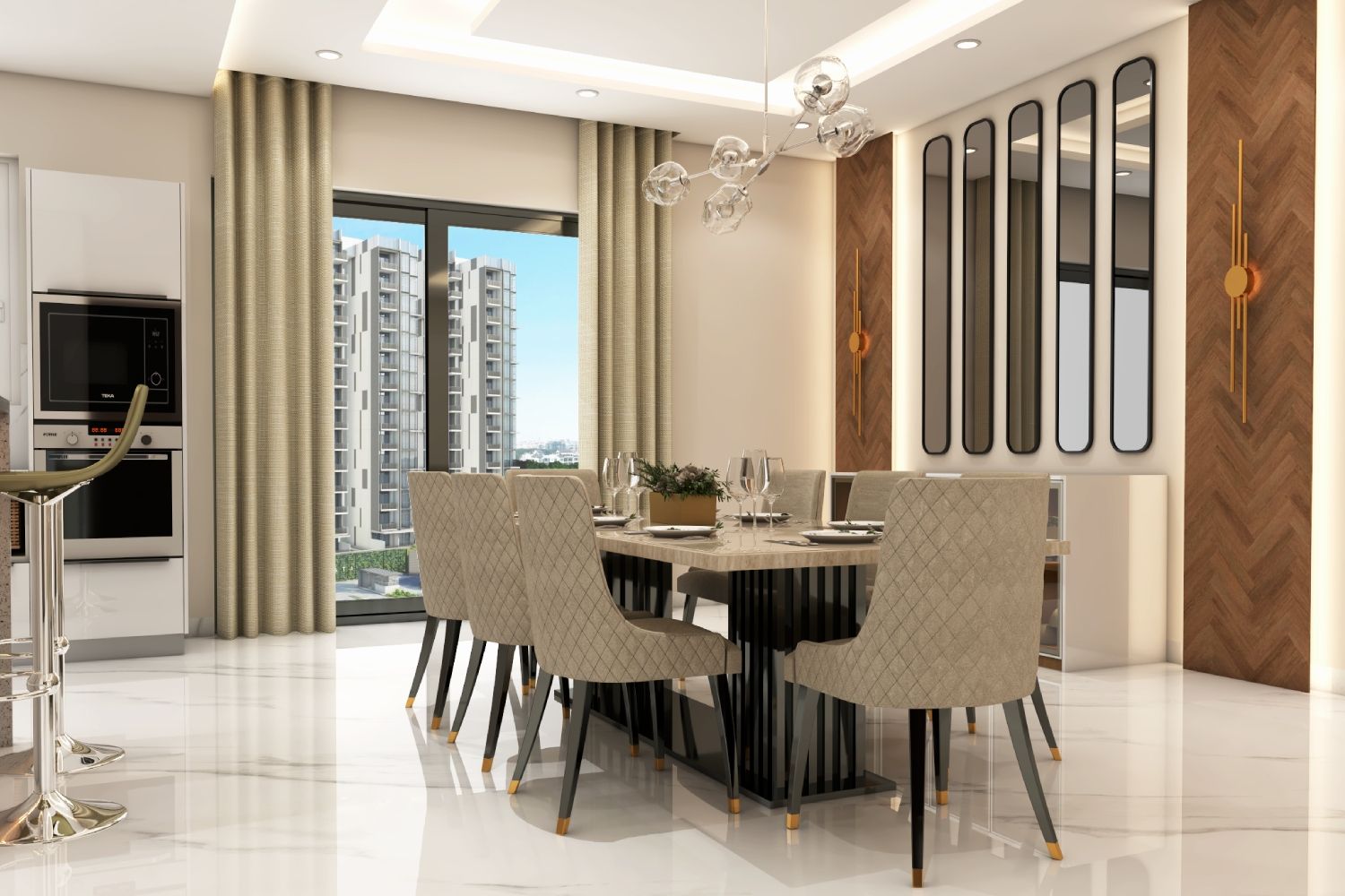 Contemporary 8-Seater Dining Room Design With Beige Tufted Chairs And Wall-Mounted Oval Mirrors
