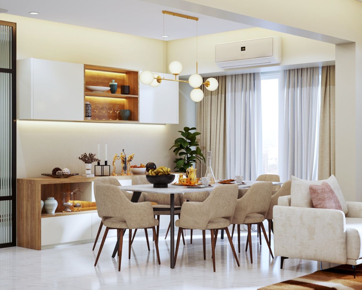 Modern Beige And White 8-Seater Dining Room Design With Spacious Storage Unit
