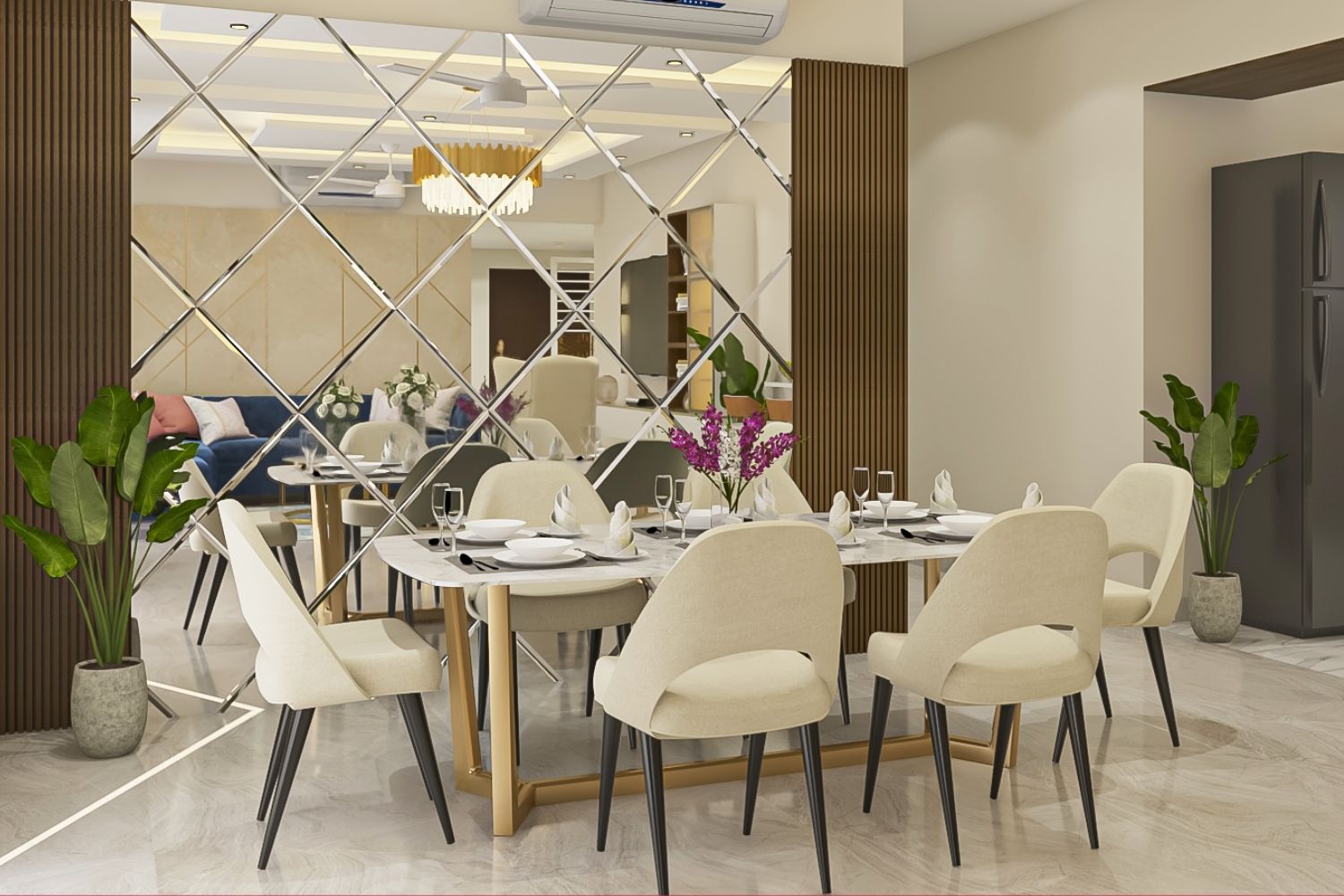 Contemporary White And Beige 6-Seater Dining Room Design With Bevelled Mirror Accent Wall