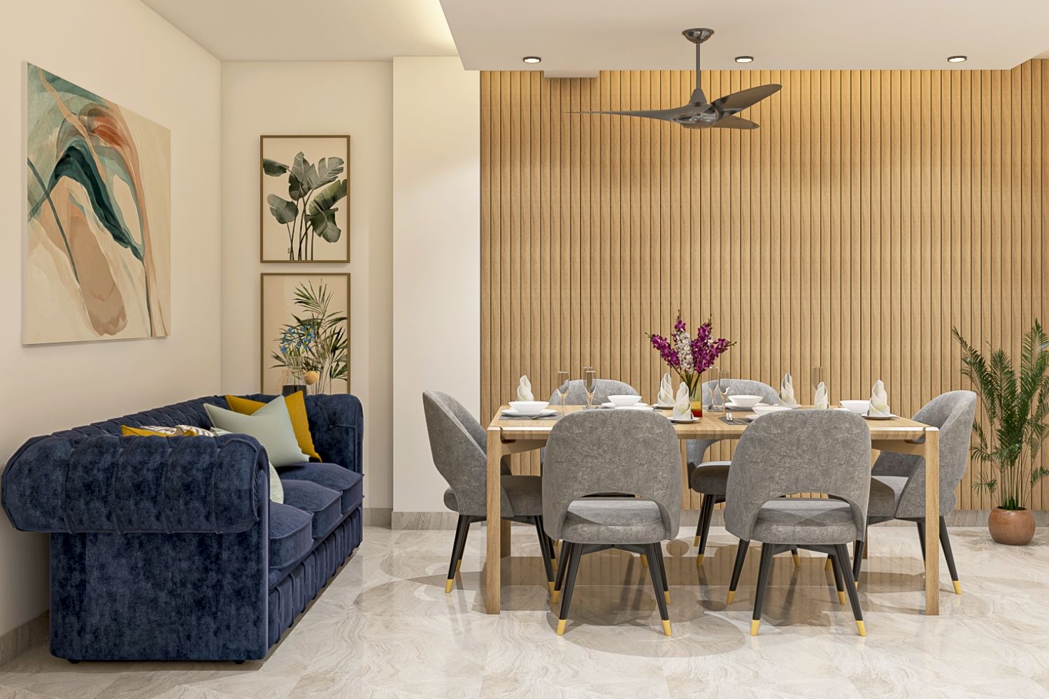 Contemporary Wood And Grey 6-Seater Dining Room Design With Wooden Wall Panelling