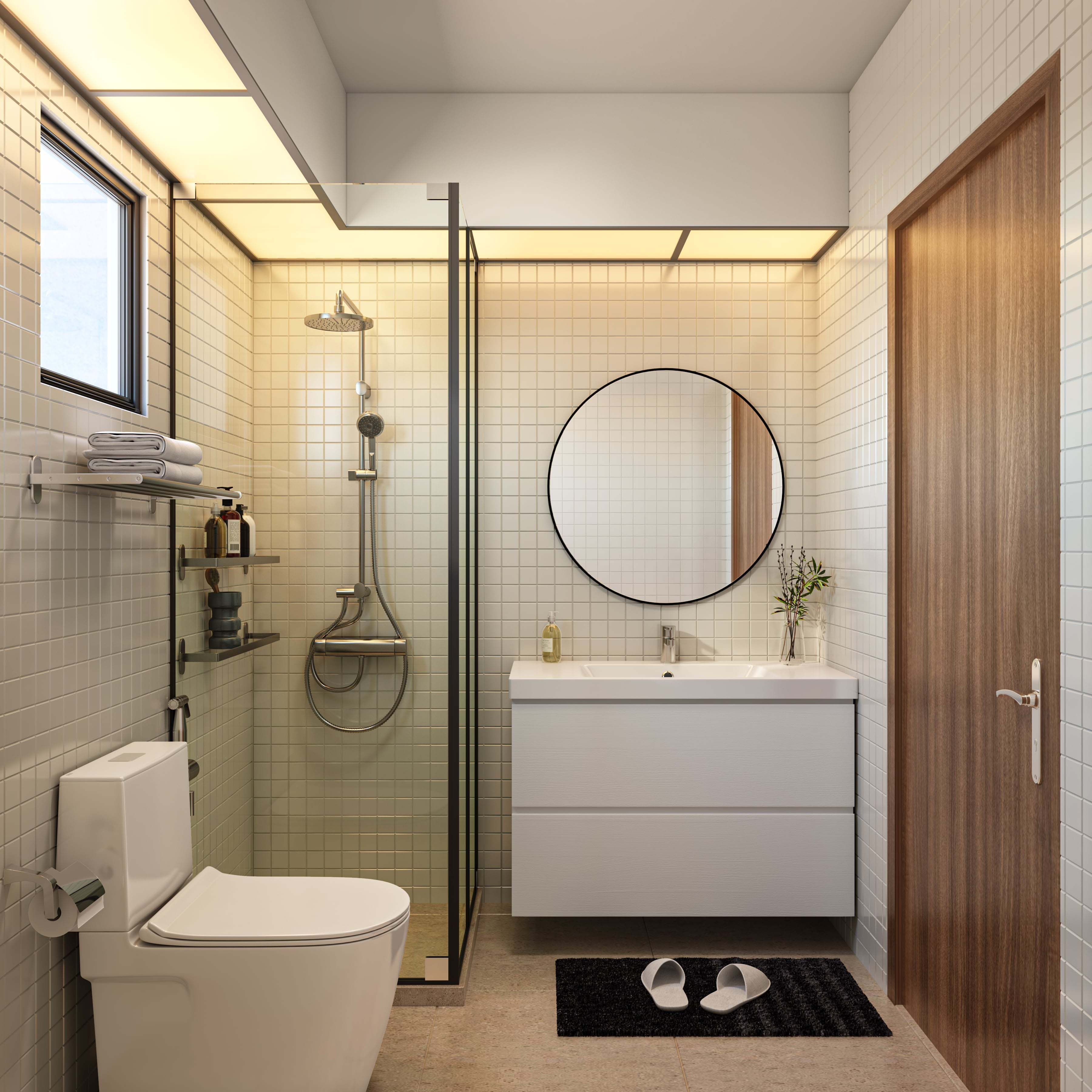 Minimal Off-White And Beige Bathroom Design With White Bathroom Cabinet