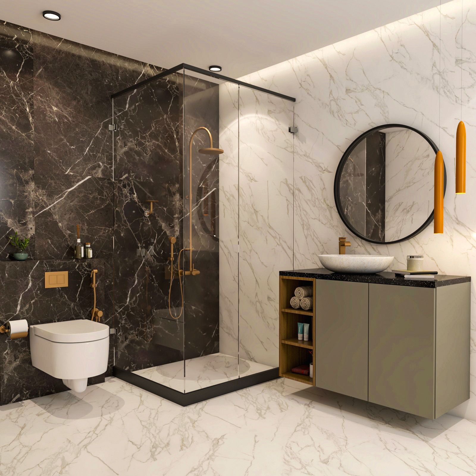 Contemporary Black And White Bathroom Design With Grey Bathroom Cabinet And Marble Countertop