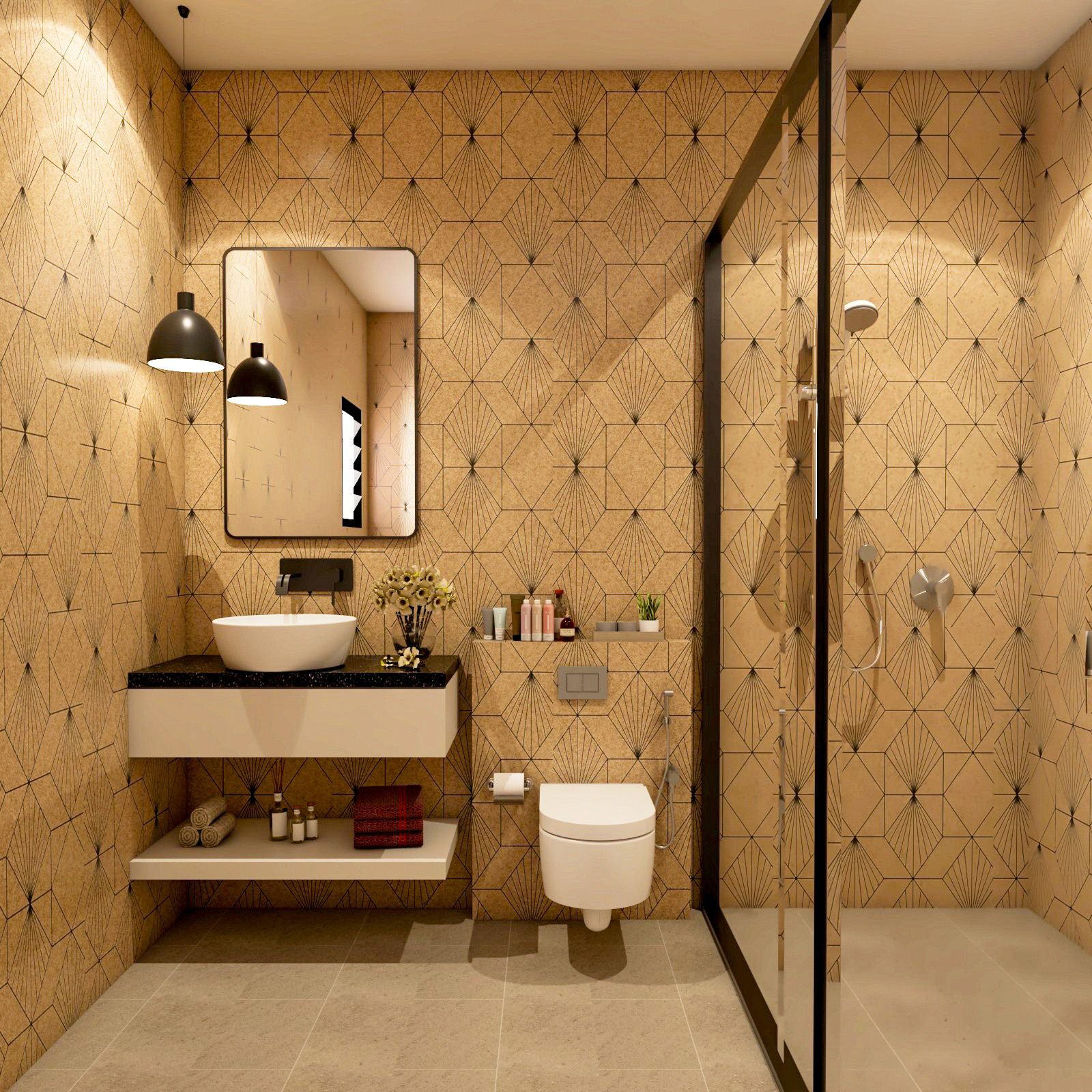 Modern Small Bathroom Design With Brown Bathroom Tiles And White Bathroom Cabinet Storage