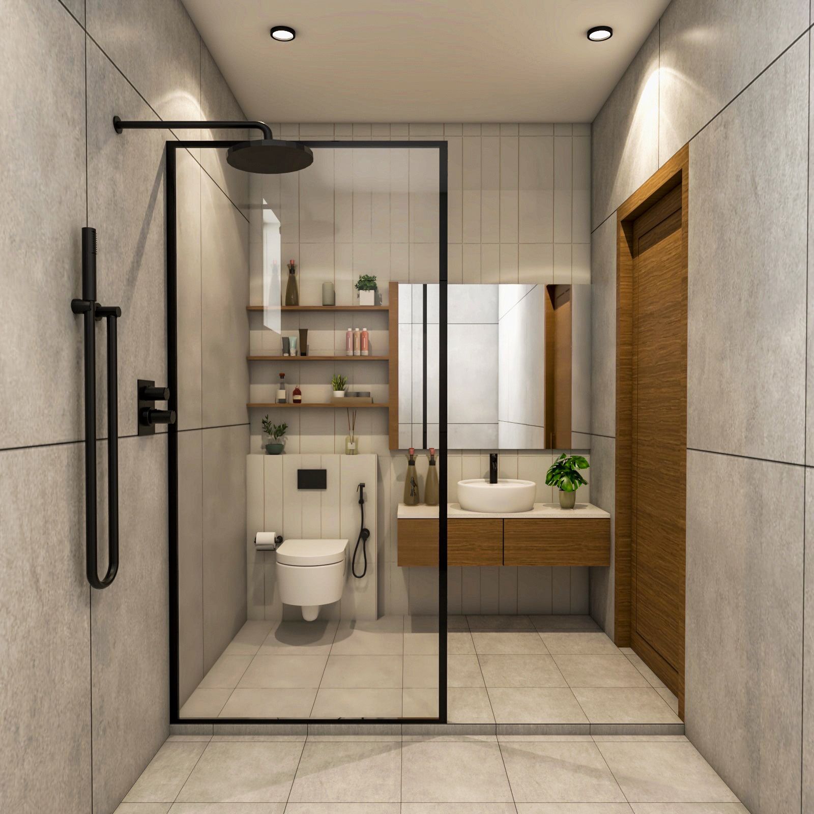 Contemporary Grey And Off-White Bathroom Design With Wooden Bathroom Cabinet