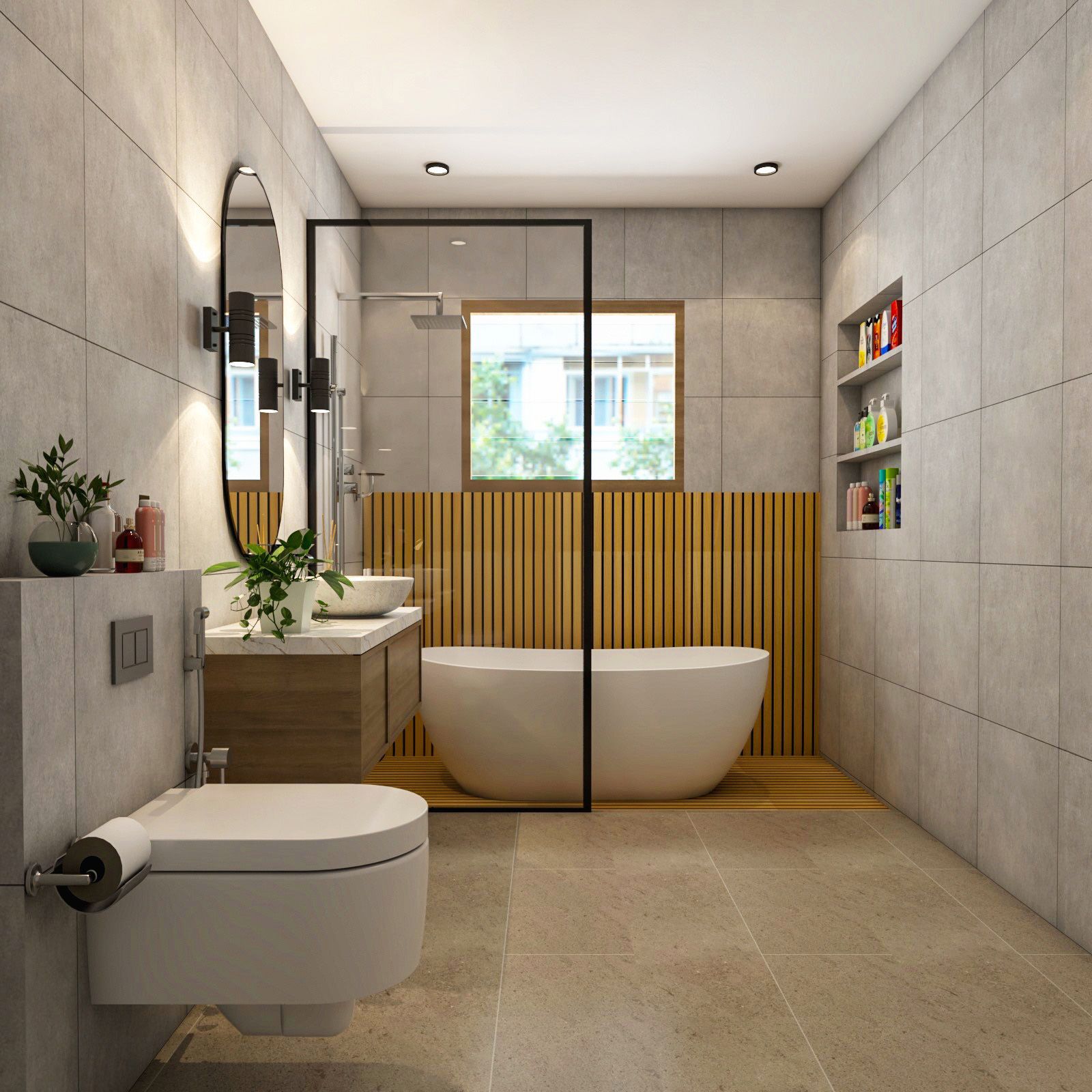 Scandinavian Grey Bathroom Design With Wooden Floor-To-Wall Panelling And White Bathtub