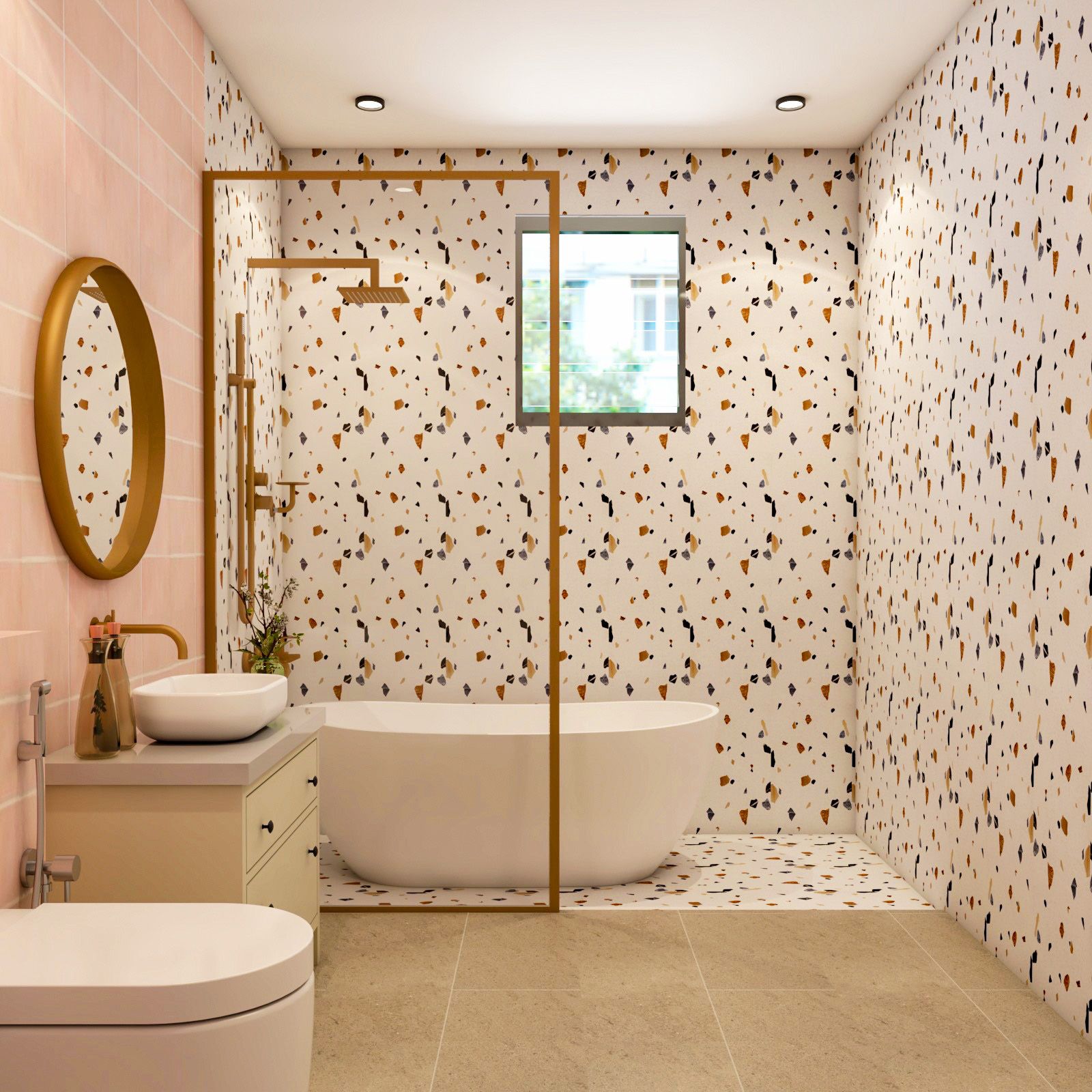 Contemporary Multicoloured Bathroom Design With Irish Cream-Toned Vanity Unit And White Bathtub