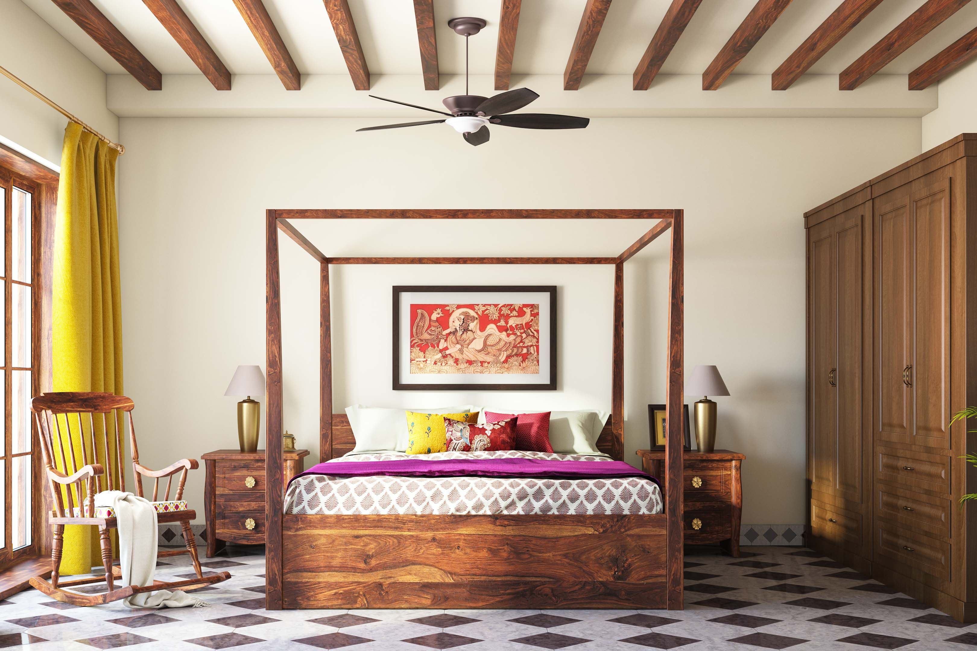 Transitional Bedroom Ceiling Design With 3D Wooden Beams