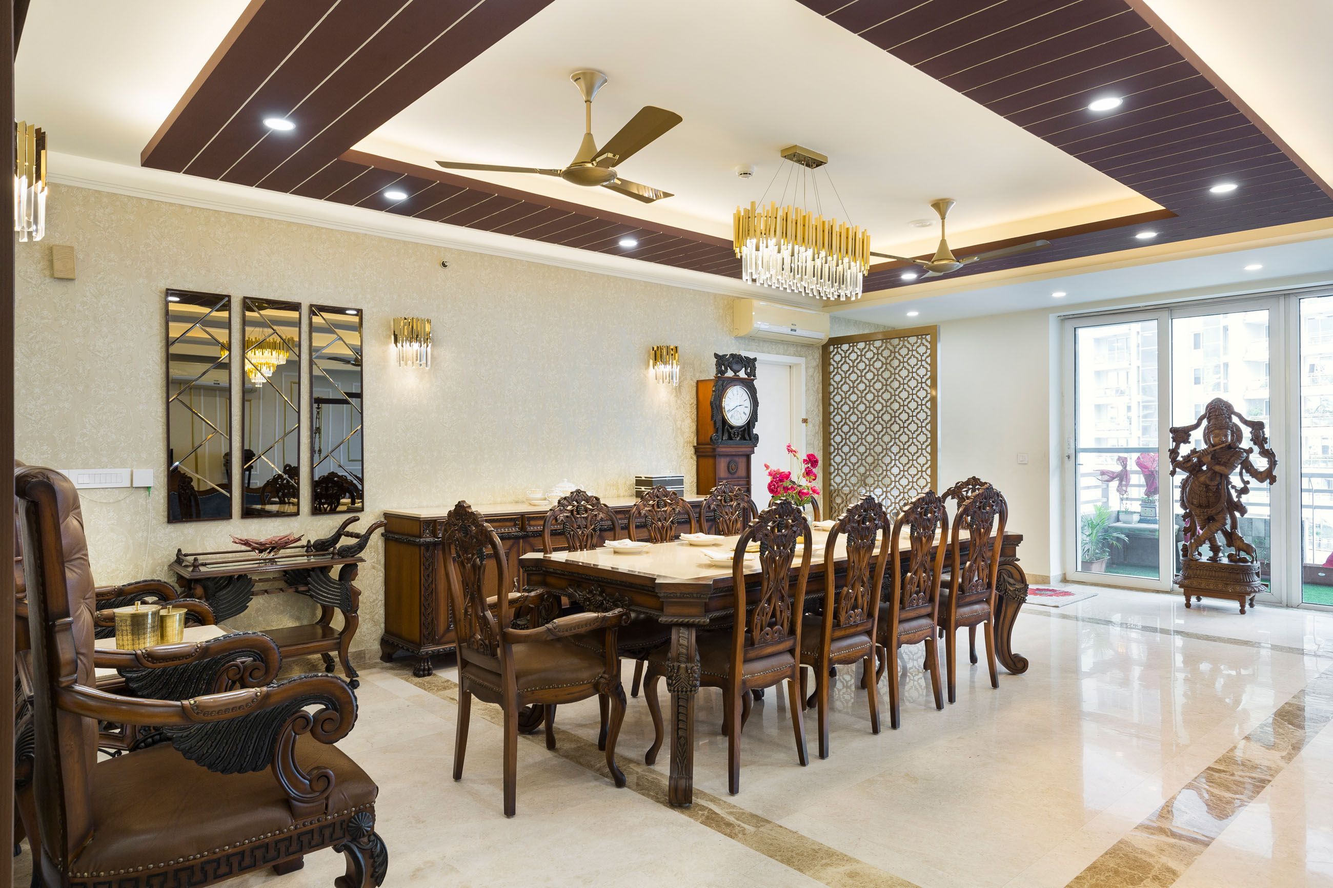 Wooden Transitional Peripheral False Ceiling Design With Chandelier