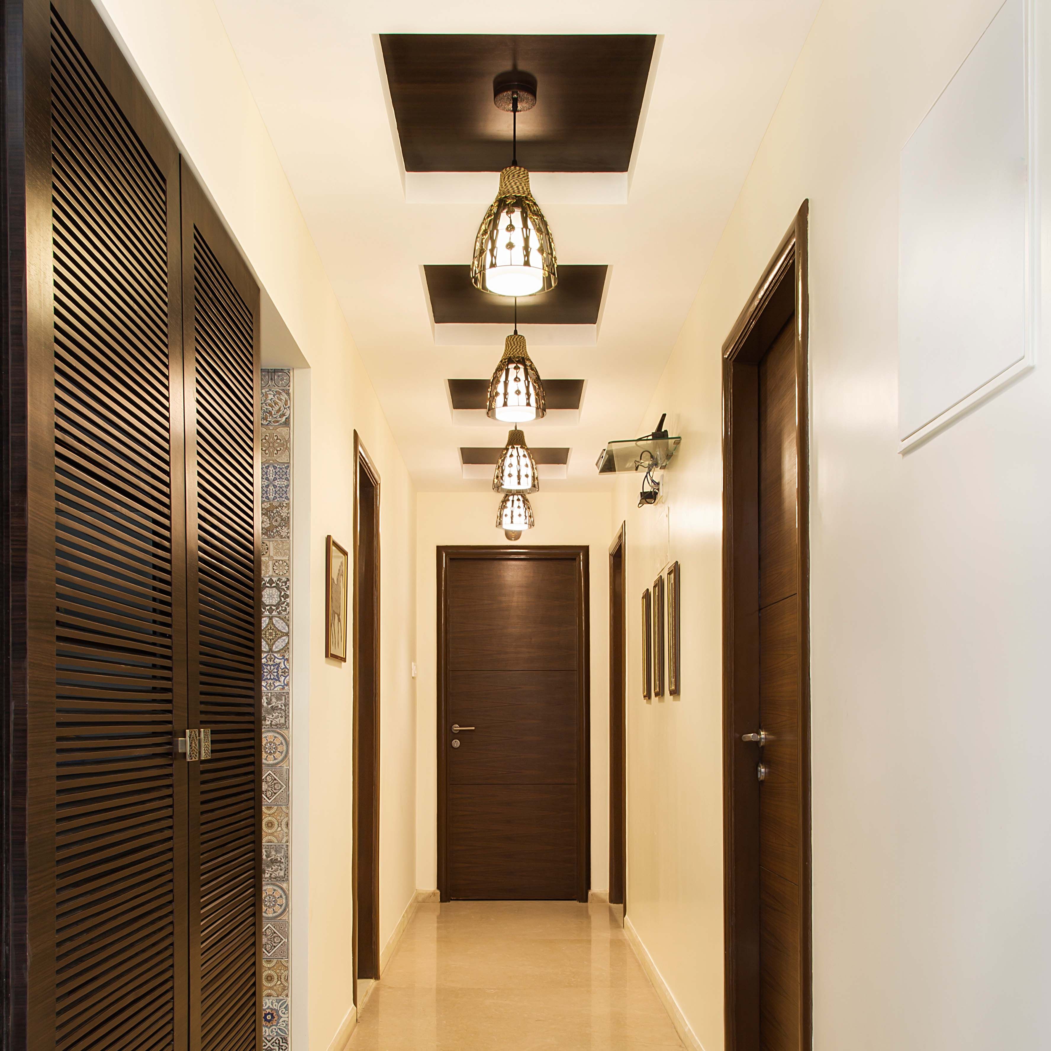 Transitional Lacunar Wood And Gypsum False Ceiling Design