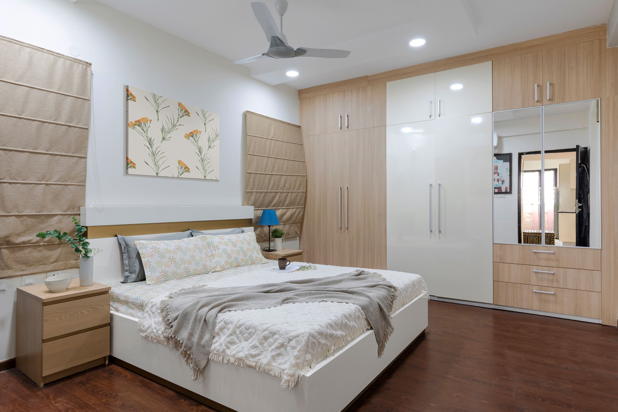 Contemporary Guest Room Design With 6-Door Wood And White Swing Wardrobe