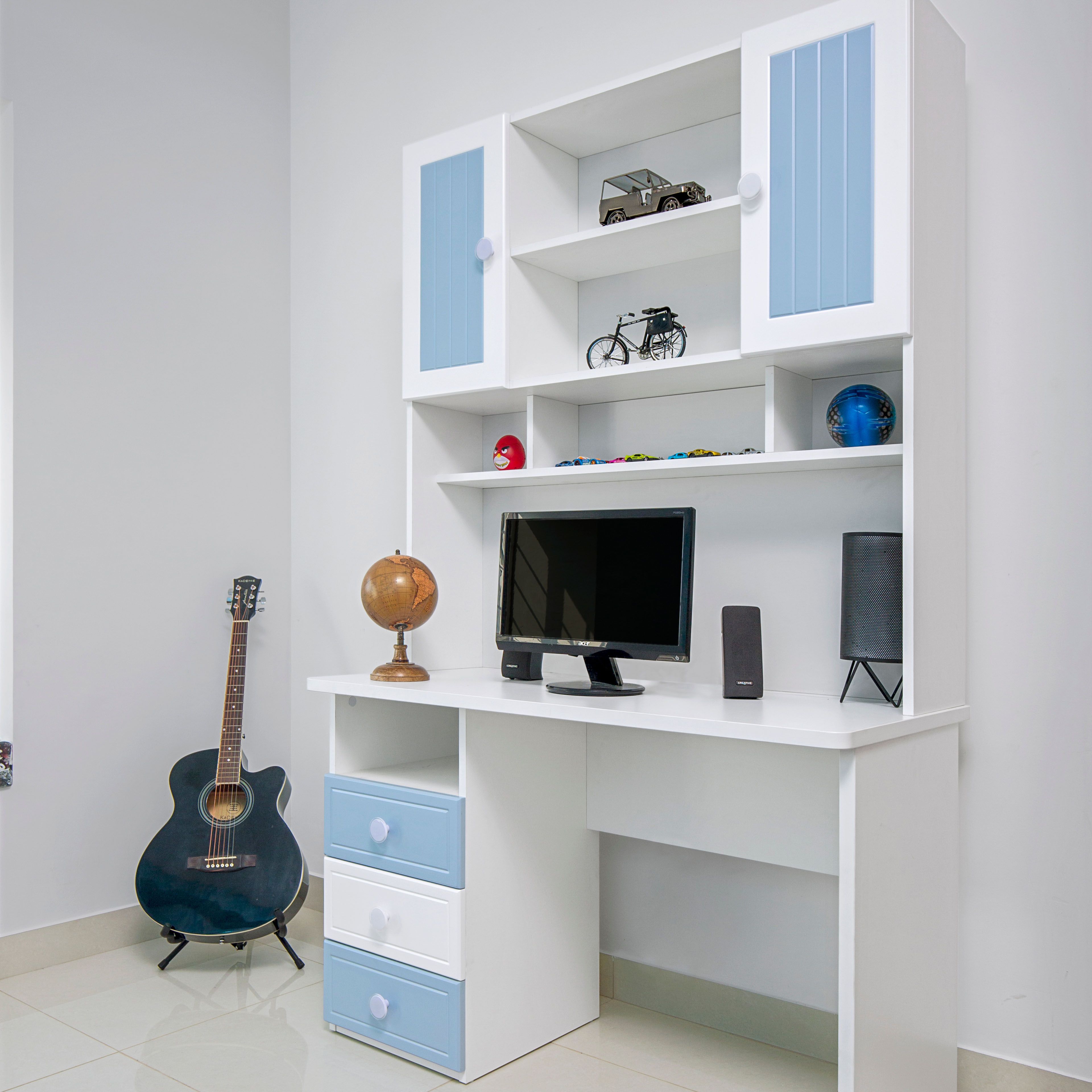 Contemporary Blue And White Home Office Design With Open And Closed Storage