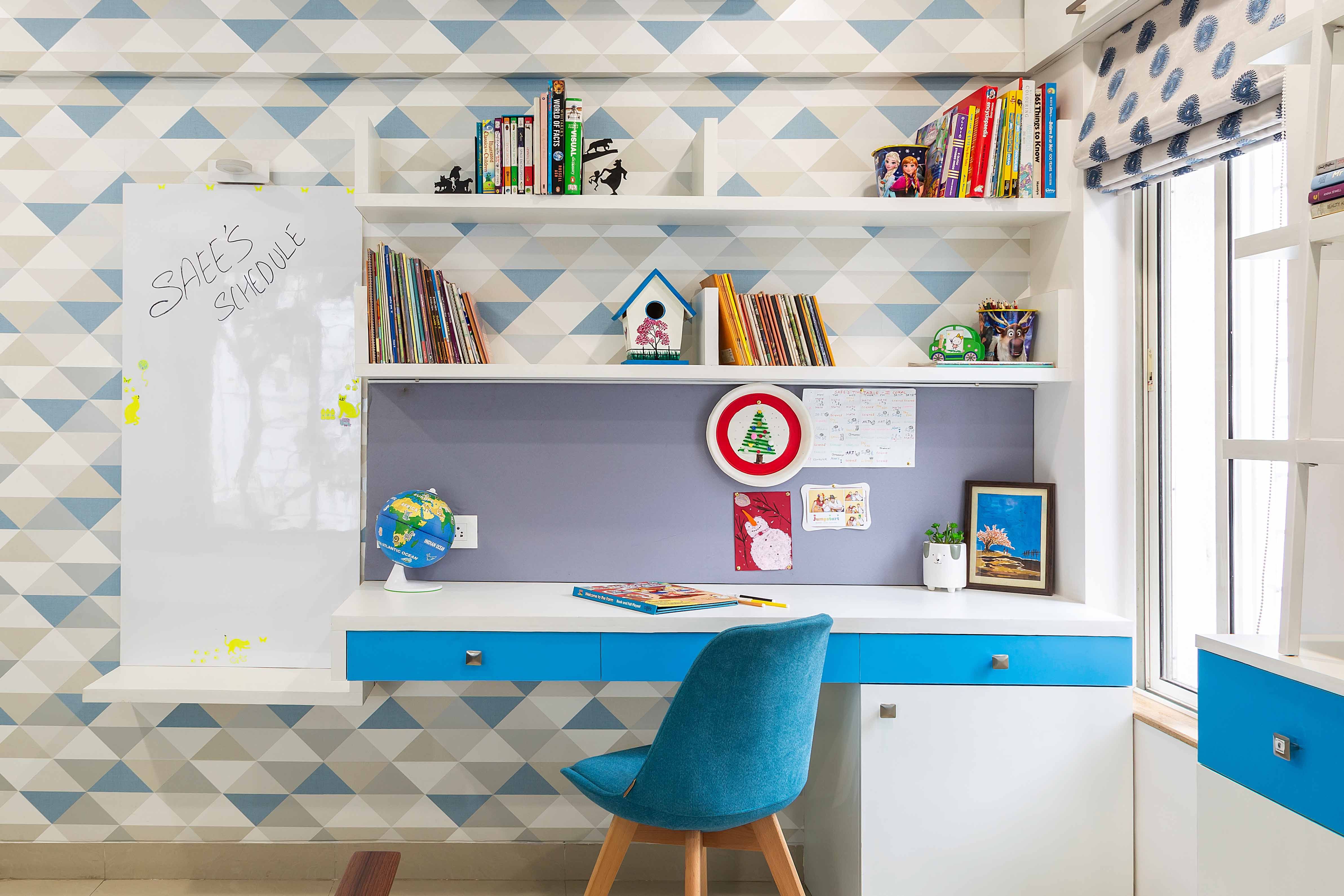 Contemporary Blue And White Office Decoration Ideas With Geometric Triangular Wallpaper