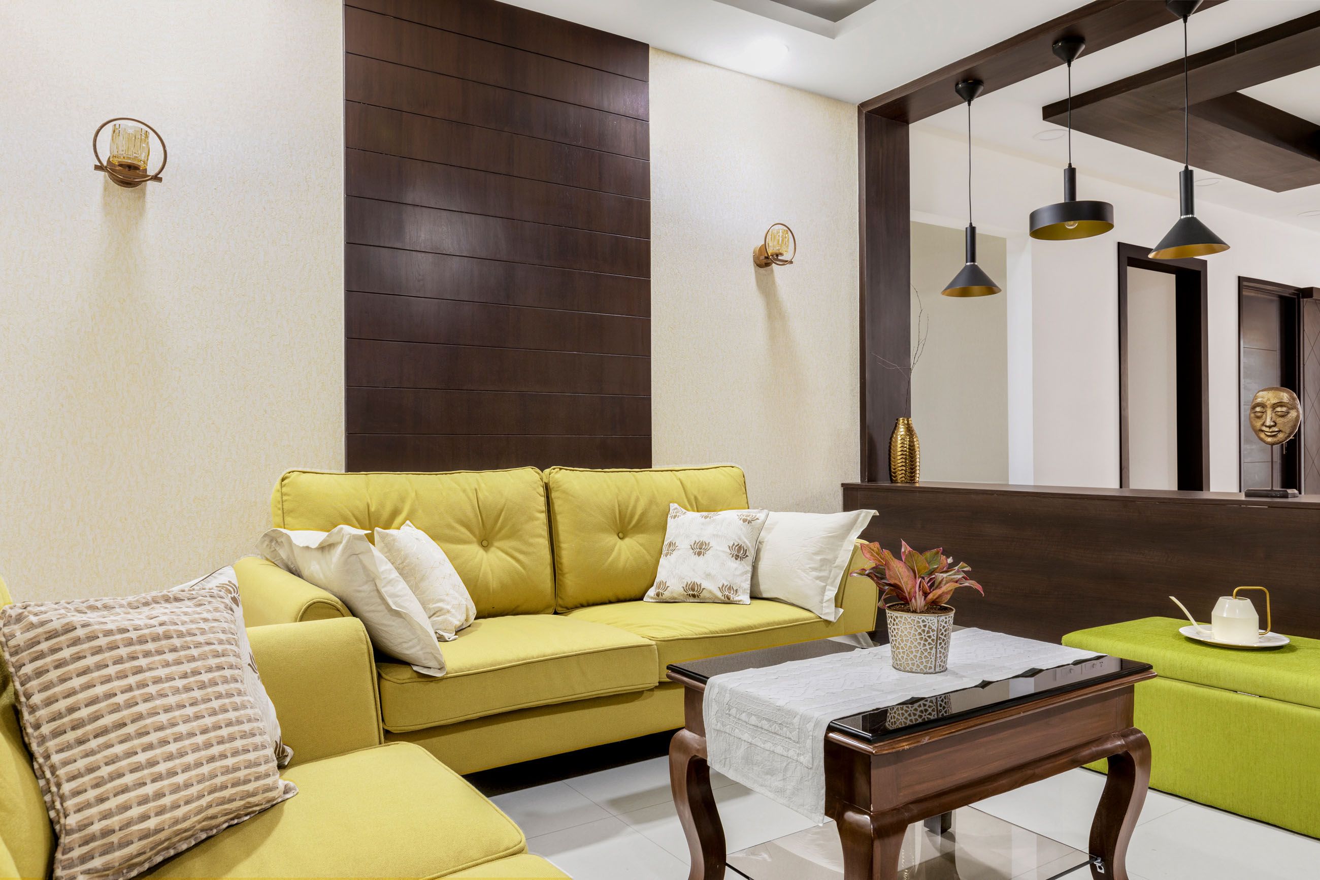 Contemporary Hyderabad 3-BHK Interior Design With Wood And White TV Cabinet