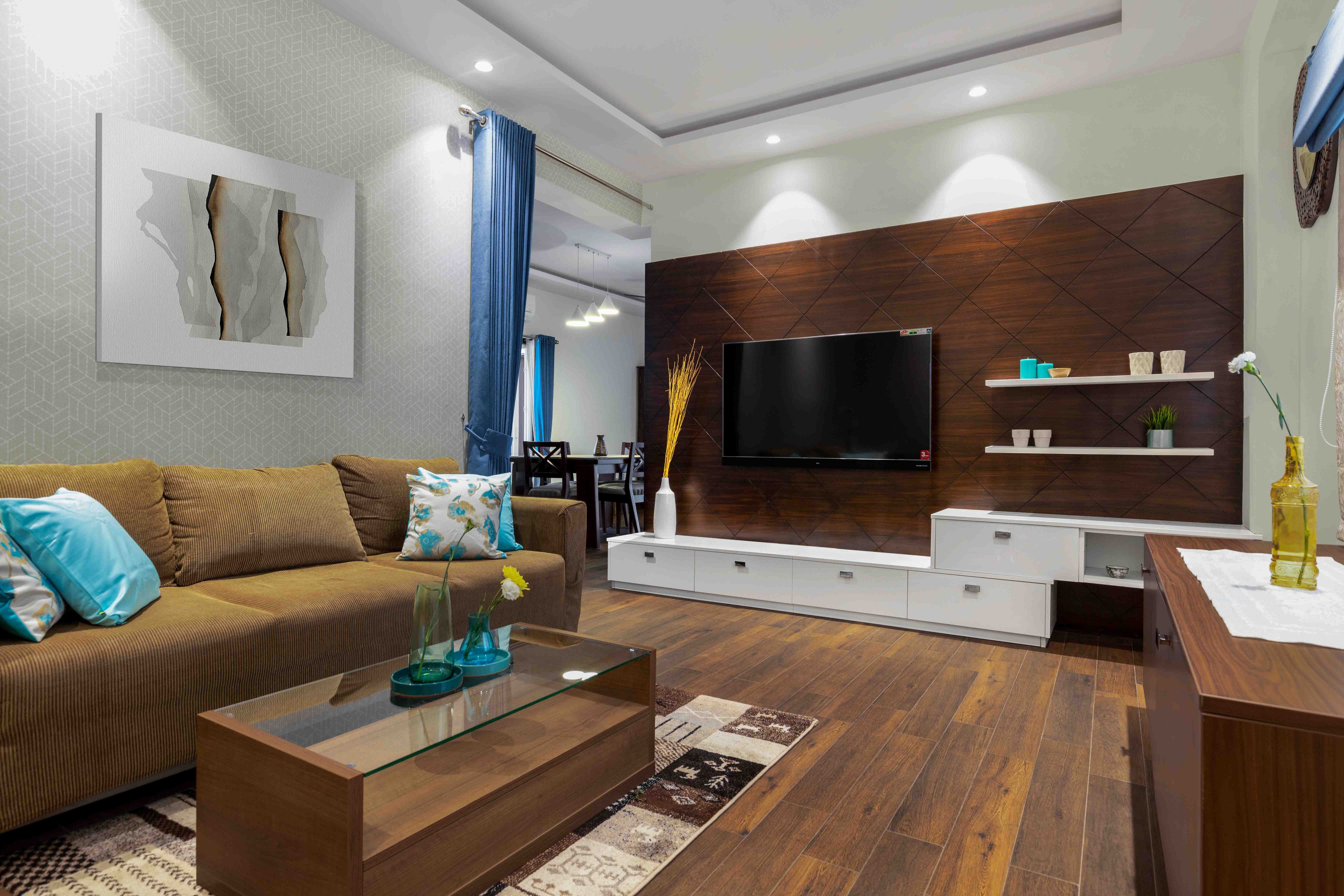 Contemporary 2-BHK Flat Design In Hyderabad With Yellow And White Guest Room Design