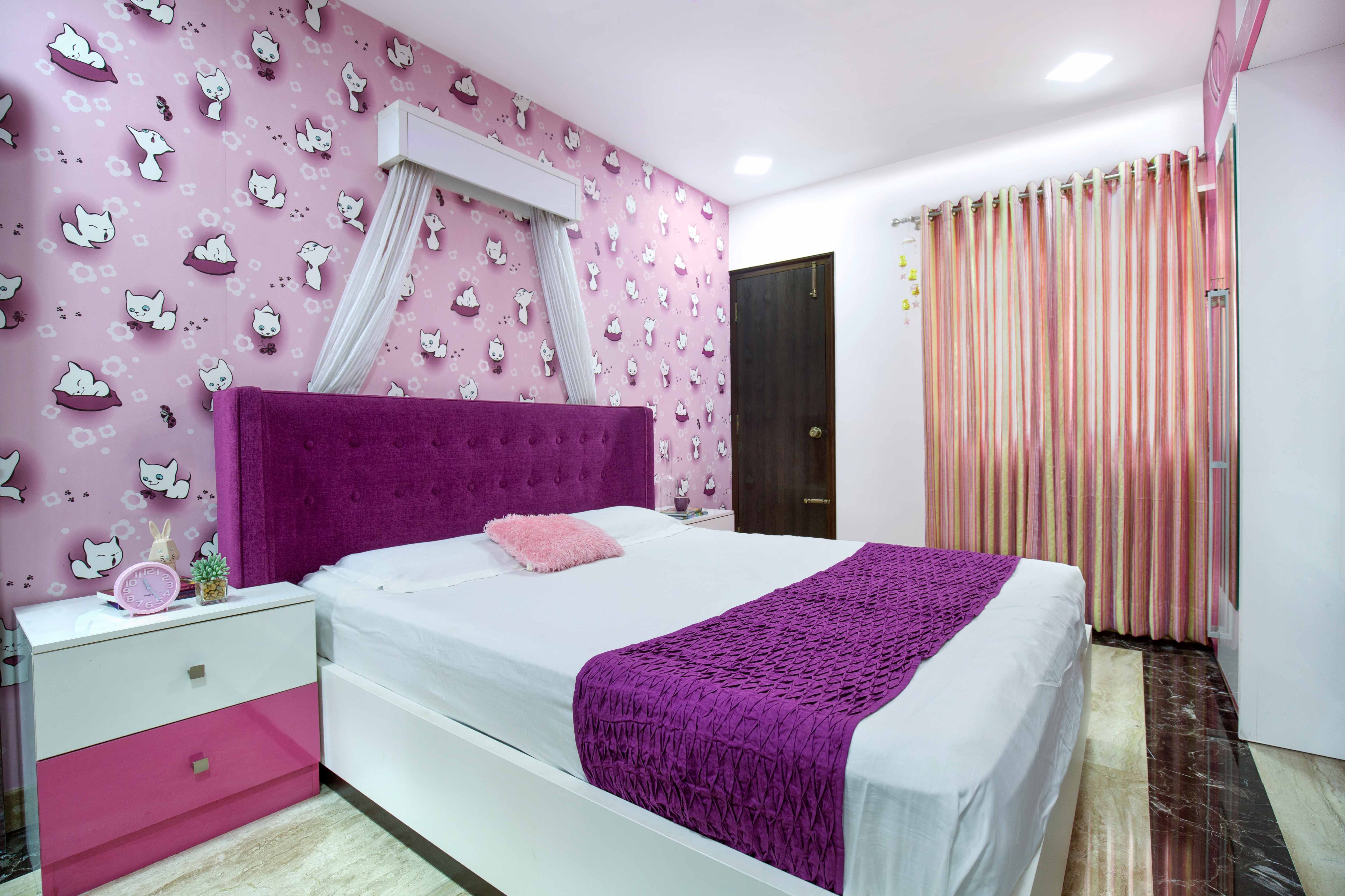 Contemporary 2-BHK Flat Design In Bangalore With Pink And White Kids Bedroom