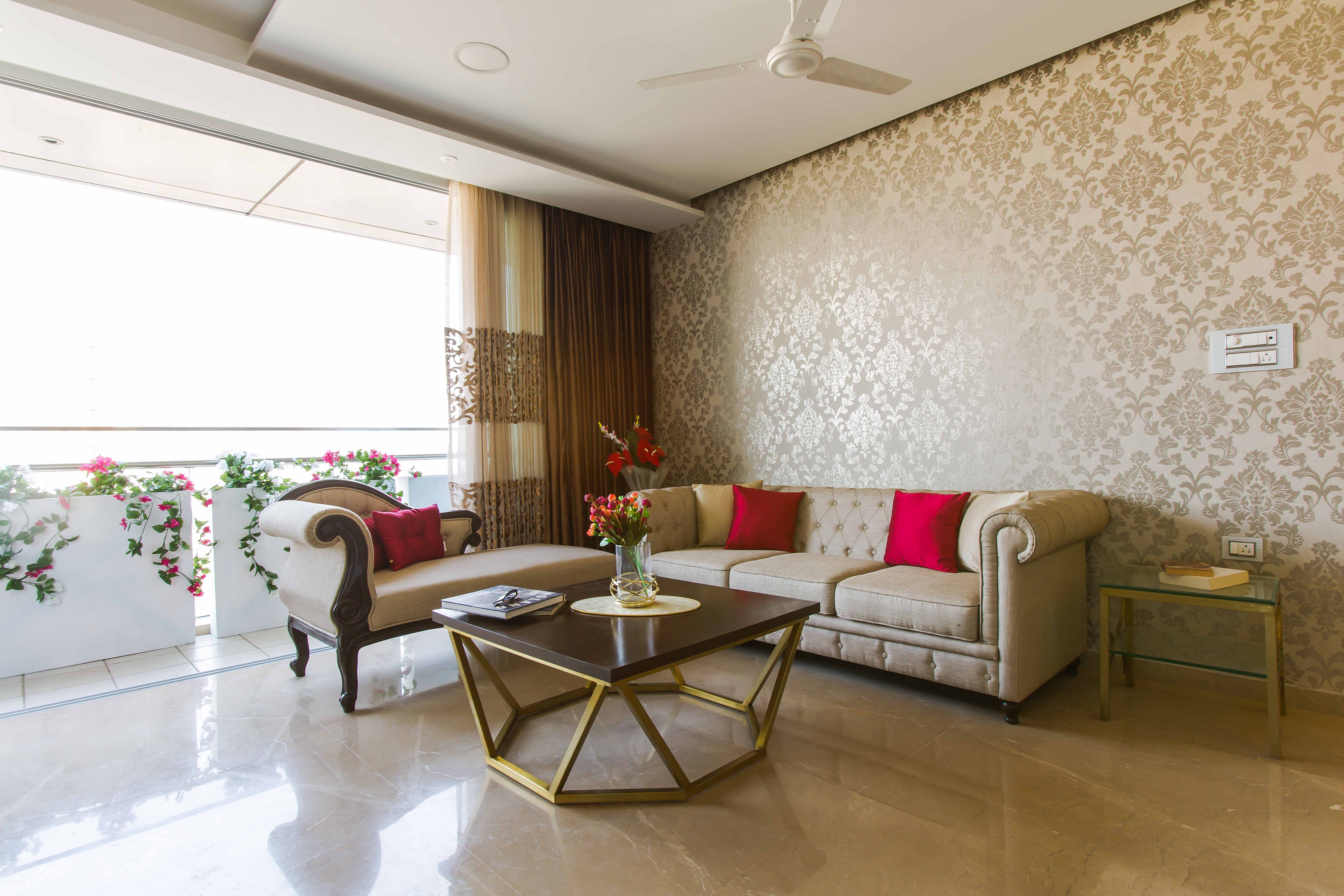 Classic 3-BHK Interior Design In Mumbai With Spacious Beige Living Room And Damask Wallpaper