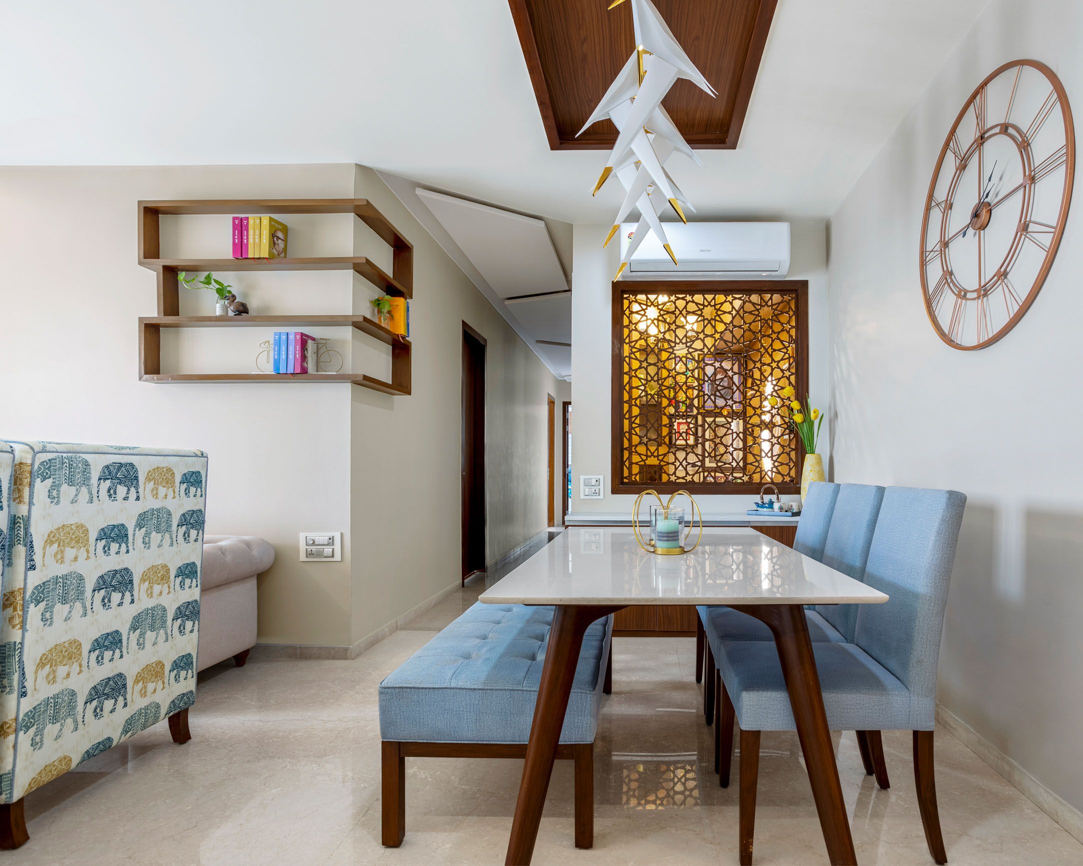 Bohemian 2-BHK Flat Design In Mumbai With All-Wood Pooja Room
